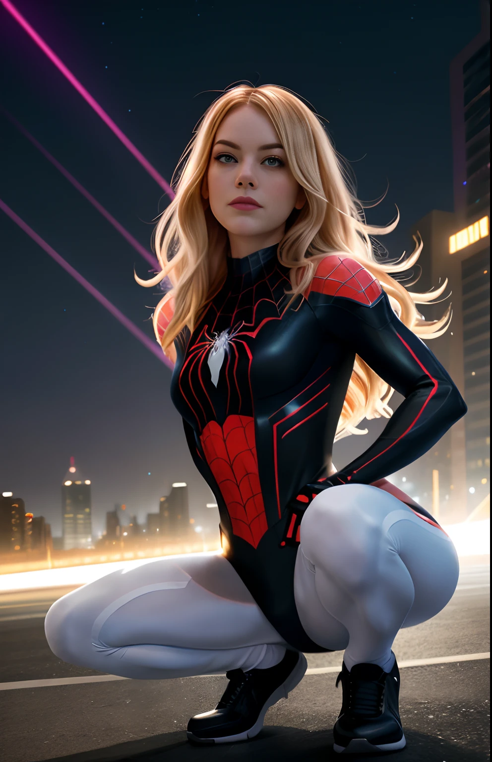 **Emma stone Gwen, Stacy on spider verse, spider-man on spider back, white and black costume, young pale thin white girl, lob hair, ombre hair, modern hair cut bob short, wavy hair, dark to blonde hair, (night town background), spider and webs, full body, dynamic pose, beautiful body structure covering, hyper-detailed painting, luminism, bar lighting,  complex concept art portrait and 4k resolution by Greg Rutkowski, Artgerm, WLOP, Alphonse Mucha, small fusion realistic pojatti, isometric details bioluminescens fractals : an impressive realistic photograph, acrobatic pose, squat, bright costume,