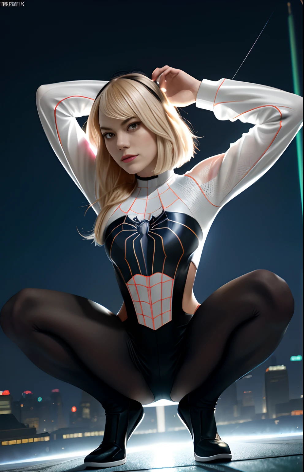**Emma stone Gwen, Stacy on spider verse, spider-man on spider back, white and black costume, young pale thin white girl, lob hair, ombre hair, modern hair cut bob short, wavy hair, dark to blonde hair, (night town background), spider and webs, full body, dynamic pose, beautiful body structure covering, hyper-detailed painting, luminism, bar lighting, complex concept art portrait and 4k resolution by Greg Rutkowski, Artgerm, WLOP, Alphonse Mucha, small fusion realistic pojatti, isometric details bioluminescens fractals : an impressive realistic photograph, acrobatic pose, squat, bright costume,