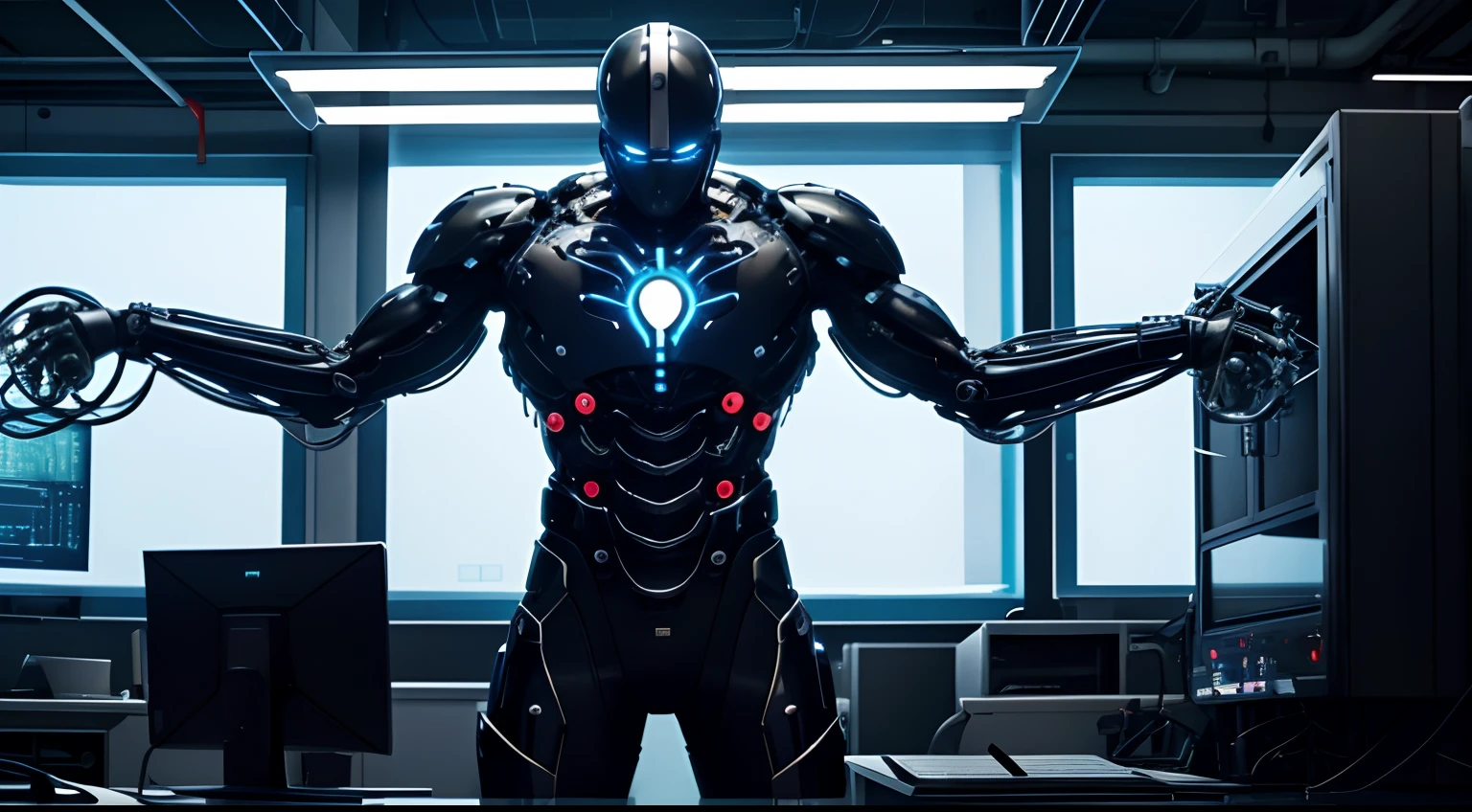 In this scene, Dr. Octavius has completed his transformation He stands amidst computers and experimental equipment in his laboratory, with his four mechanical arms displaying strength and readiness