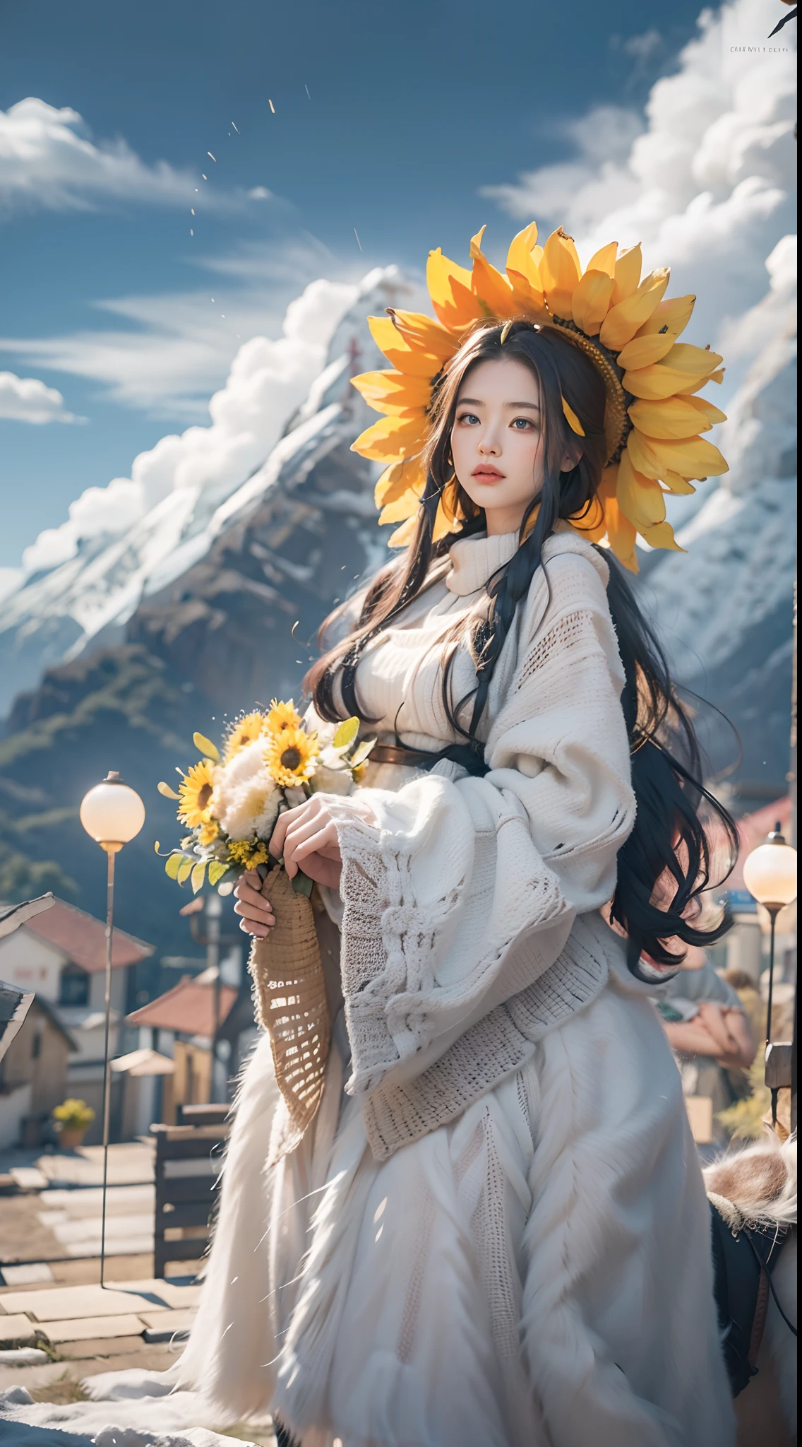 In a very grand scene，The extra-large wide-angle lens captures the appearance of a female centaur。She is a Sunflower Worship nun，Facing it（Has a cartoon smiley emoji：99.99）The knitted sunflower icon prays。She is tall，It has the ultimate curvy beauty，The muscles are slender and firm，Beautiful lines。She has（Super huge sky blue eyes：99.99）、always（Wearing sexy glasses：6.66）、（She wears solemn nun attire：9.9）、Stepping on a boot-style skyscraper-heel、A pink cross hangs on his chest。Use Midjourney's advanced tools，Designed for female centaurs（Cartoon smiley face knitted in the center of a huge knitted sunflower disc：99.99），This is the icon of God woven from high-grade yarn，and noble and solemn nun costumes，and highlight her unique physiological characteristics and appearance details，Add realism。And in the context of her prayers and listening to confessions，Spectacular views of nature，Such as the sky where storms and sunny days alternate、Brilliant rivers of stars and auroras、The snow-capped summit of Mount Everest、Fireworks in the mountain town, etc。ao mesmo tempo，Away from the hustle and bustle next to the chapel，Create a fantastic scene。Use Midjourney's advanced tools and multiple color palettes、Brush Strokes、Texture tools and model packages，It shows a sense of atmosphere where beauty and charm coexist。The charm of the female centaur is highlighted through color and lines，Enhance realism with detailing，Create a surreal dreamy feeling。Additionally，Use Midjourney's tools to add various exorcism props and books to the female centaur、pergaminhos，Create intricate hairstyles and outfits，Give her a sense of premium。She never flinches，No matter what monster you encounter，can respond quickly，Even the most extreme armies of natural disasters and monsters could not stop her and her front（Sunflower with Tyndall effect that emits sunlight9.99）。Use Midjourney's powerful tools，You can do it with incredible detail and beauty，Bring this ultra-grand and beautiful scene to life。Ultra-grand s