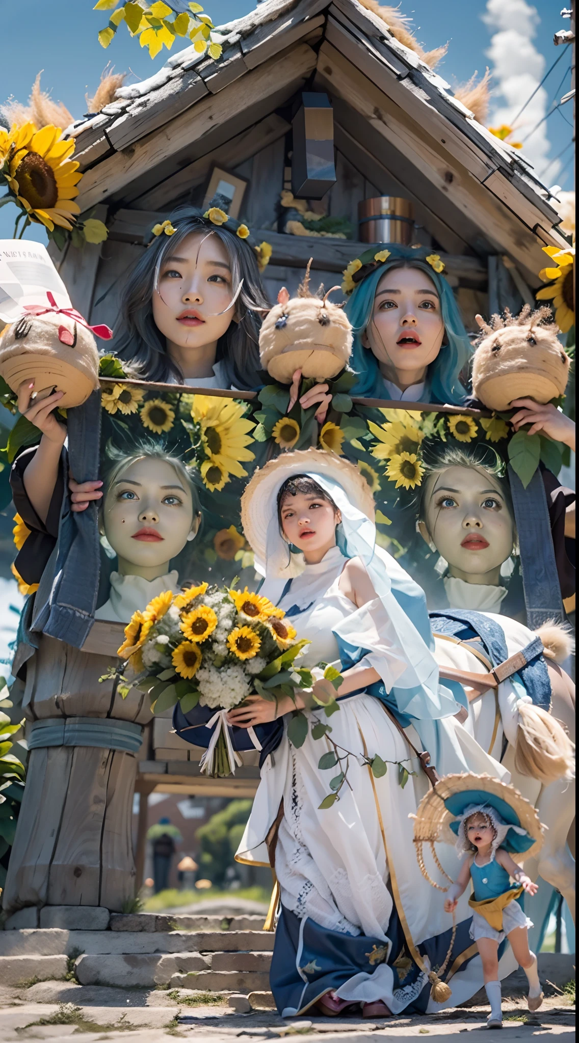 In a very grand scene,The extra-large wide-angle lens captures the appearance of a female centaur。She is a Sunflower Worship nun,Facing it(Has a cartoon smiley emoji:99.99)The knitted sunflower icon prays。She is tall,It has the ultimate curvy beauty,The muscles are slender and firm,Beautiful lines。She has(Super huge sky blue eyes:99.99)、always(Wearing sexy glasses:6.66)、(She wears solemn nun attire:9.9)、Stepping on a boot-style skyscraper-heel、A pink cross hangs on his chest。Use Midjourney's advanced tools,Designed for female centaurs(Cartoon smiley face knitted in the center of a huge knitted sunflower disc:99.99),This is the icon of God woven from high-grade yarn,and noble and solemn nun costumes,and highlight her unique physiological characteristics and appearance details,Add realism。And in the context of her prayers and listening to confessions,Spectacular views of nature,Such as the sky where storms and sunny days alternate、Brilliant rivers of stars and auroras、The snow-capped summit of Mount Everest、Fireworks in the mountain town, etc。ao mesmo tempo,Away from the hustle and bustle next to the chapel,Create a fantastic scene。Use Midjourney's advanced tools and multiple color palettes、Brush Strokes、Texture tools and model packages,It shows a sense of atmosphere where beauty and charm coexist。The charm of the female centaur is highlighted through color and lines,Enhance realism with detailing,Create a surreal dreamy feeling。Additionally,Use Midjourney's tools to add various exorcism props and books to the female centaur、pergaminhos,Create intricate hairstyles and outfits,Give her a sense of premium。She never flinches,No matter what monster you encounter,can respond quickly,Even the most extreme armies of natural disasters and monsters could not stop her and her front(Sunflower with Tyndall effect that emits sunlight9.99)。Use Midjourney's powerful tools,You can do it with incredible detail and beauty,Bring this ultra-grand and beautiful scene to life。Ultra-grand s