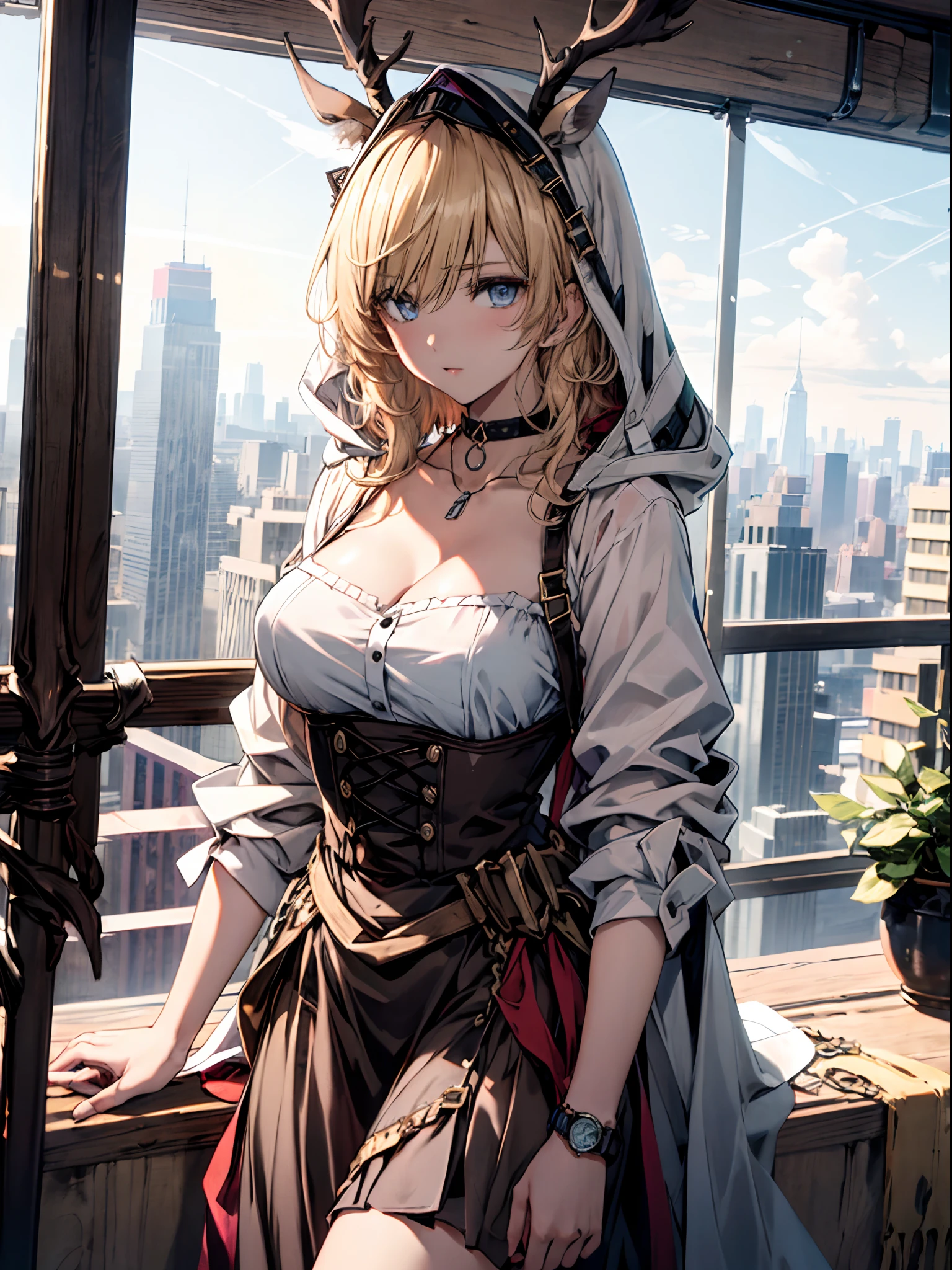 (((Masterpiece))),(incredibly_absurderes),(Best quality),(A high resolution),(Highly detailed),((CG unity 8k wallpaper))，Best quality at best，tmasterpiece，1girll，blond hairbl，messy  hair，curly_Hair，The shirt，a skirt，kawai，JK，Red_bow，Wrist watch，choker necklace，view over city，Original photo of 8K，超高分辨率，highest details，复杂，8K，hdr，