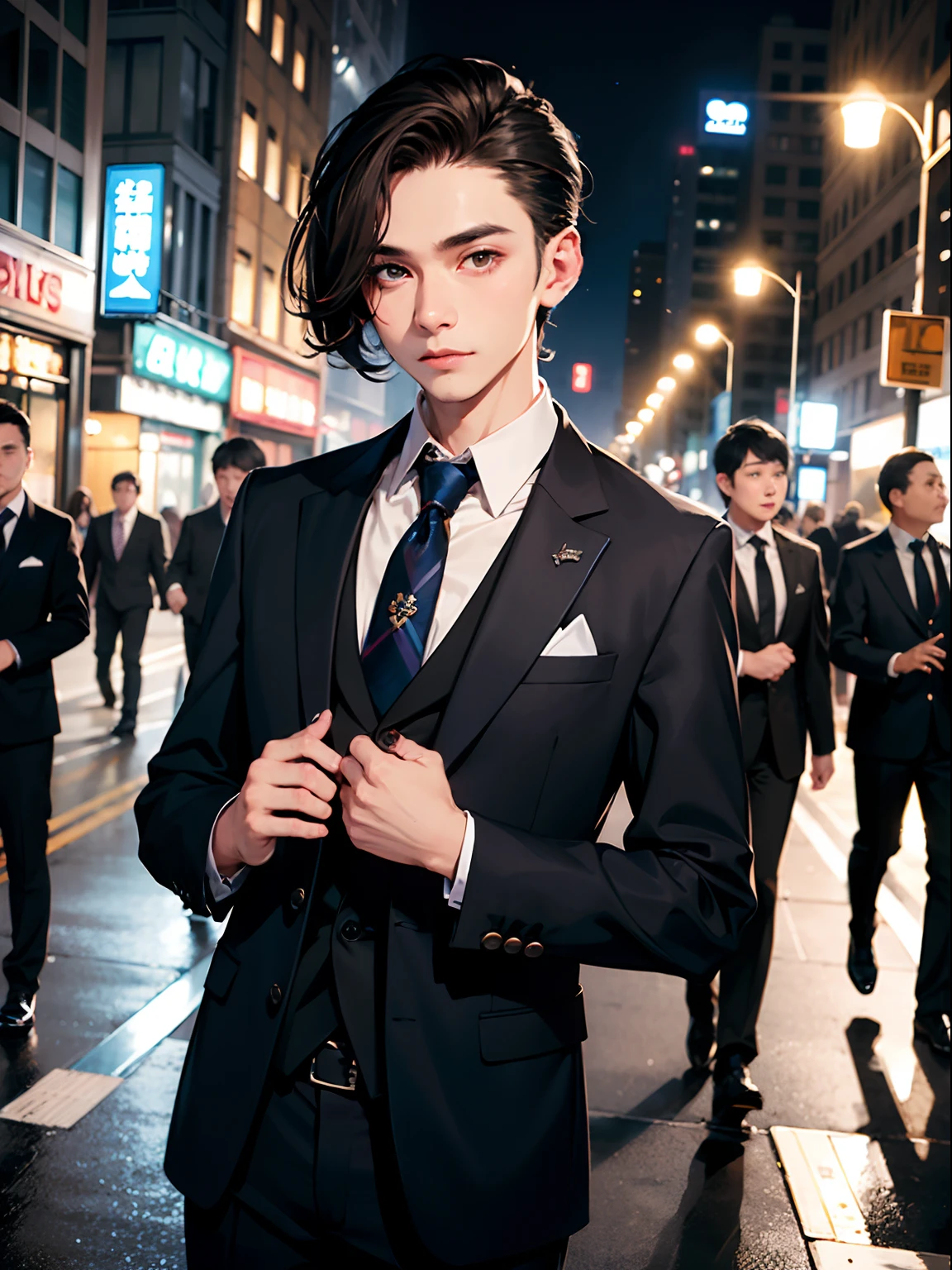 1boy,11 only、(Man's :2),(bobhair:1.5)、Brown hair、Dark blue suit、tight fitting,Brightly colored ties、natta、Downtown、streetlights、Natural lighting、hightquality、masutepiece,8K,hight resolution、