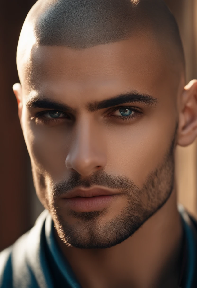 photography, male perfection, strong jawline, full lips, Roman nose, no hair, hazel eyes, hyper realistic, 8k --v 4
