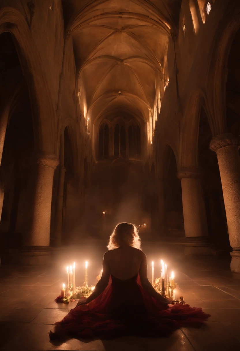 Fallen angels, Large wings broken, start masturbating in front of the altar of the church at night, all flushed and sweaty, eyes closed, rips aparted, one hand playing with her crotch, using a dildo propped up on the floor, the other hand grabbing breast, juices pouring out of vagina, dripping on the floor, mouth wet, smaller breasts, detailed face, detailed arms and legs, candlelight, Full body wide shot, (8K, photo, masterpiece), (best quality), (best shadows), ultra high resolution, 8K wallpaper, physics-based rendering, photo, realistic, realism, high contrast, hyper realism, photo, f1. 6 lens, extreme colors, hyper realism, realistic texture, (Cinestill 800), (detailed face, ), nsfw