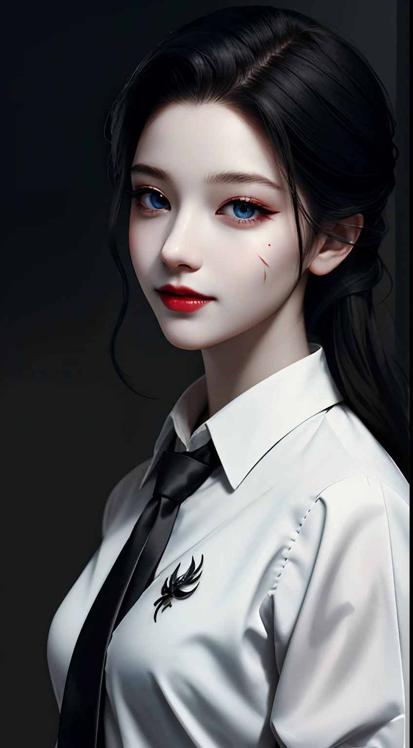 HD, 8K, (((Masterpiece))), (((A high resolution))), ((Best quality)), ((An extremely delicate and beautiful)), Crazy detail and intrusive, Super detailed, Tokyo Ghoul, 1 woman, Solo, black collared shirt, red necktie, Pale skin, large lips, Puffy lips, Black lips, Red eye, eBlue eyes, Heterochromia, ringed eyes, Glowing eyes, Black hair, Long hair, hair slicked back, ghoul, Evil smile, scars face