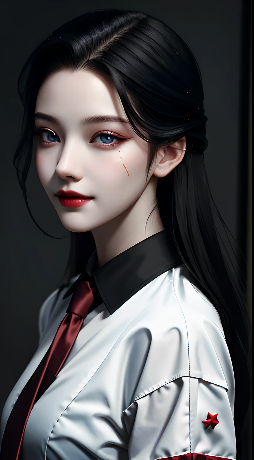 HD, 8K, (((Masterpiece))), (((A high resolution))), ((Best quality)), ((An extremely delicate and beautiful)), Crazy detail and intrusive, Super detailed, Tokyo Ghoul, 1 woman, Solo, black collared shirt, red necktie, Pale skin, large lips, Puffy lips, Black lips, Red eye, eBlue eyes, Heterochromia, ringed eyes, Glowing eyes, Black hair, Long hair, hair slicked back, ghoul, Evil smile, scars face