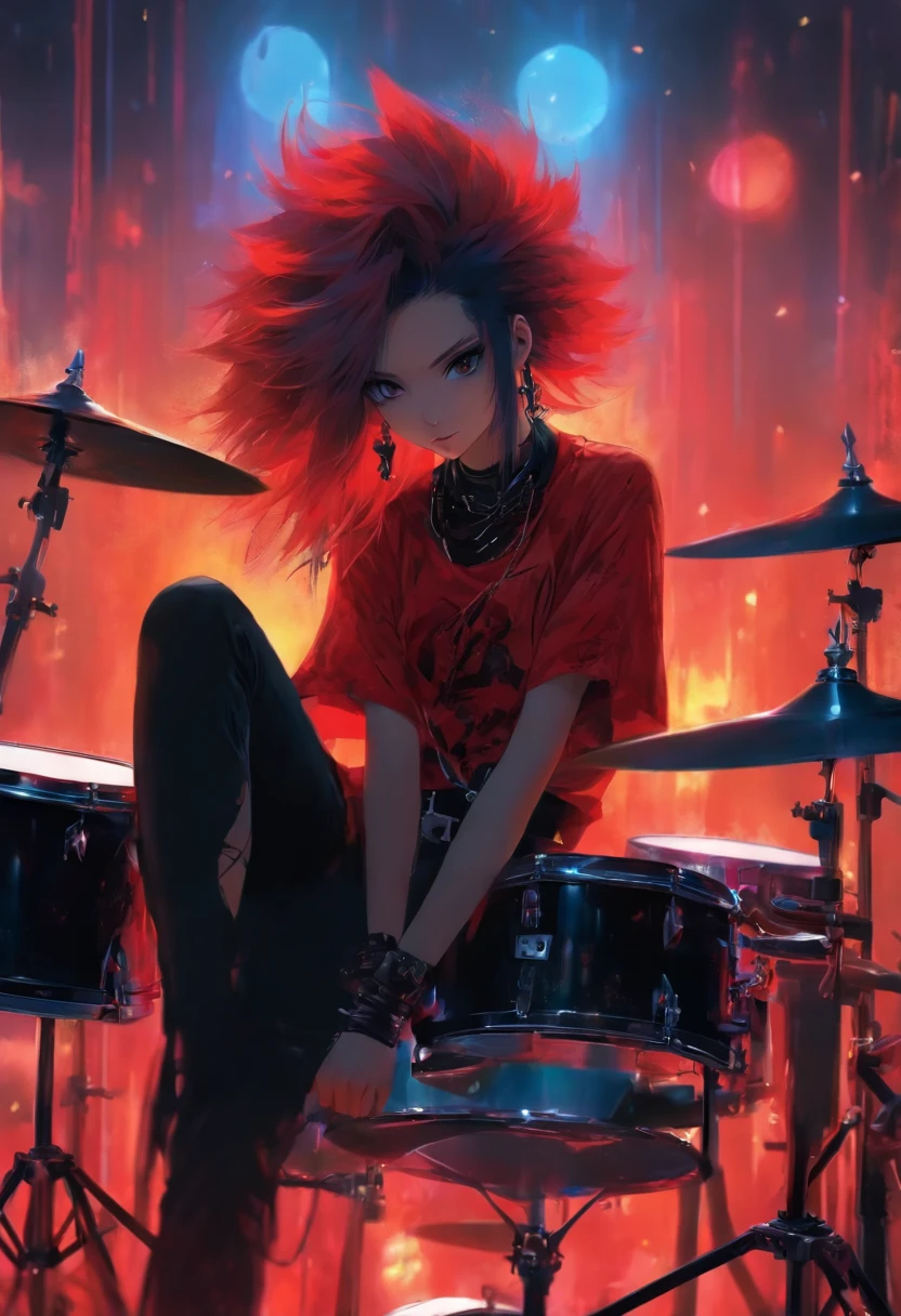 (Best Quality,4K,hight resolution), An 18-year-old woman,drum,drummer, Drumming,Playing the drums,Red mesh hair on black hair, length hair,straight haired,Cool Woman,sharp eye,cold eyes,Delicately drawn illustrations,realistic representation,Music Studio Background,gothic atmosphere,Visual kei,Oversized Rock T-Shirt,Dowel dowel feeling,a red choker,Tight pants,razor,cross belt