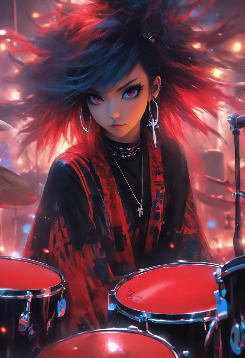 (Best Quality,4K,hight resolution), An 18-year-old woman,drum,drummer, Drumming,Playing the drums,Red mesh hair on black hair, length hair,straight haired,Cool Woman,sharp eye,cold eyes,Delicately drawn illustrations,realistic representation,Music Studio Background,gothic atmosphere,Visual kei,Oversized Rock T-Shirt,Dowel dowel feeling,a red choker,Tight pants,razor,cross belt