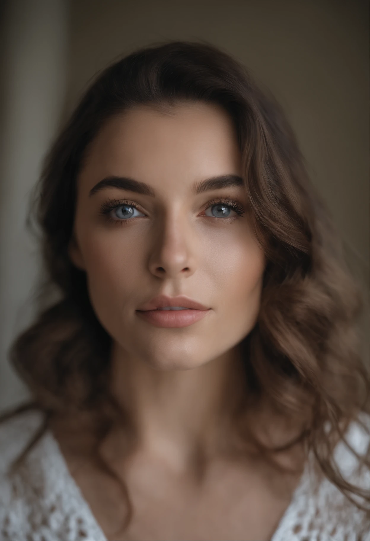 Arafed woman, fille sexy aux yeux verts, Portrait Sophie Mudd, cheveux bruns et grands yeux, selfie of a young woman, Yeux de chambre, Violet Myers, sans maquillage, maquillage naturel, looking straight at camera, stunning closeup headshot, blue eyes, body facing the camera