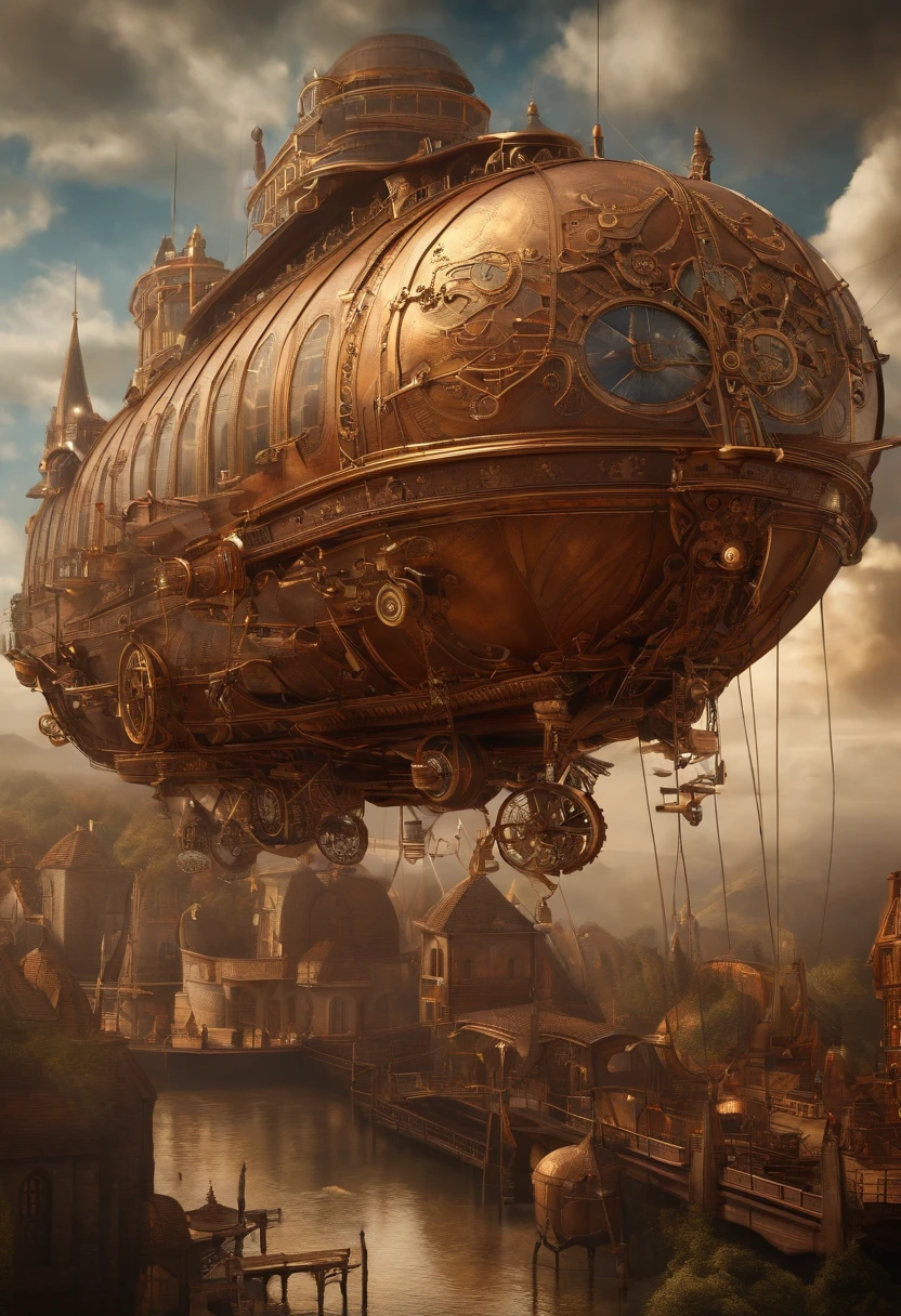 Design an intricate and fantastical steampunk airship, brimming with gears, steam, and adventure