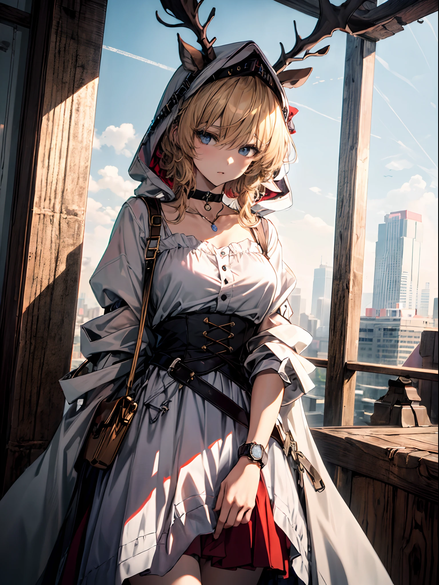 (((Masterpiece))),(incredibly_absurderes),(Best quality),(A high resolution),(Highly detailed),((CG unity 8k wallpaper))，Best quality at best，tmasterpiece，1girll，blond hairbl，messy  hair，curly_Hair，The shirt，a skirt，kawai，JK，Red_bow，Wrist watch，choker necklace，view over city，Original photo of 8K，超高分辨率，highest details，复杂，8K，hdr，