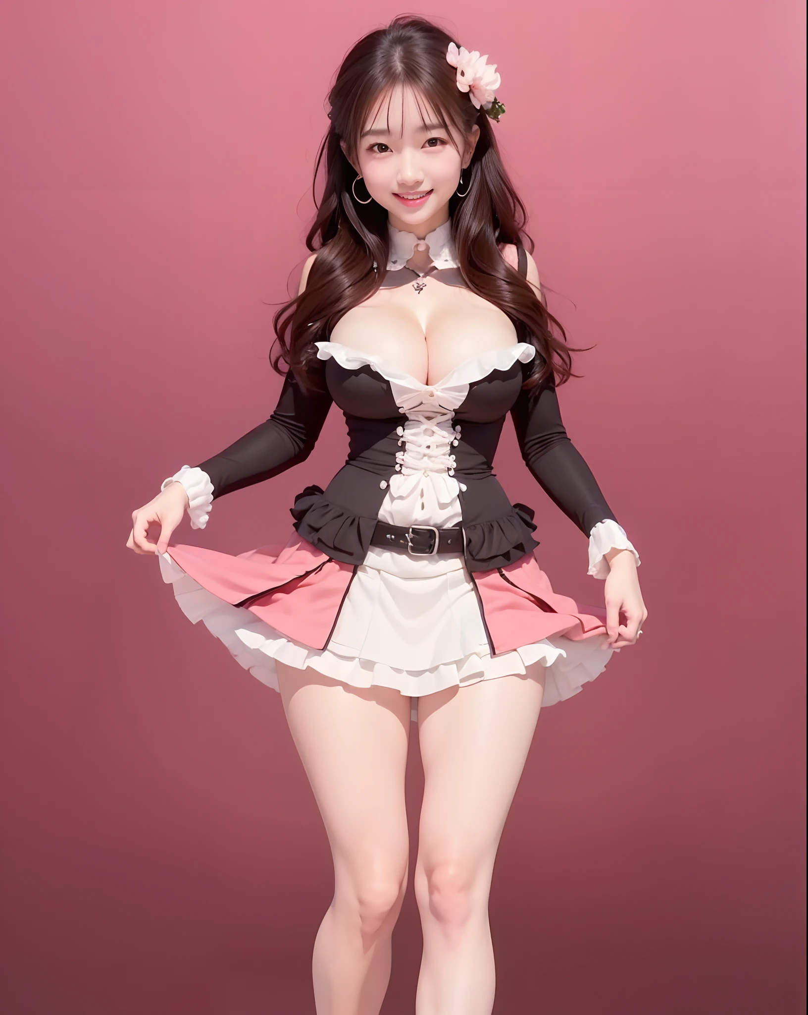 (8k, RAW photos, top quality, masterpiece: 1.2), (realistic, photorealistic: 1.37), (High Quality), (Ultra realistic), (High Details), (Face detail), (Shadow Detail), (big breast : 1.7), wide hips, big butt, 1 girl, solo, brown hair, light red eyes, black and white shirt, pink and white short skirt, smile