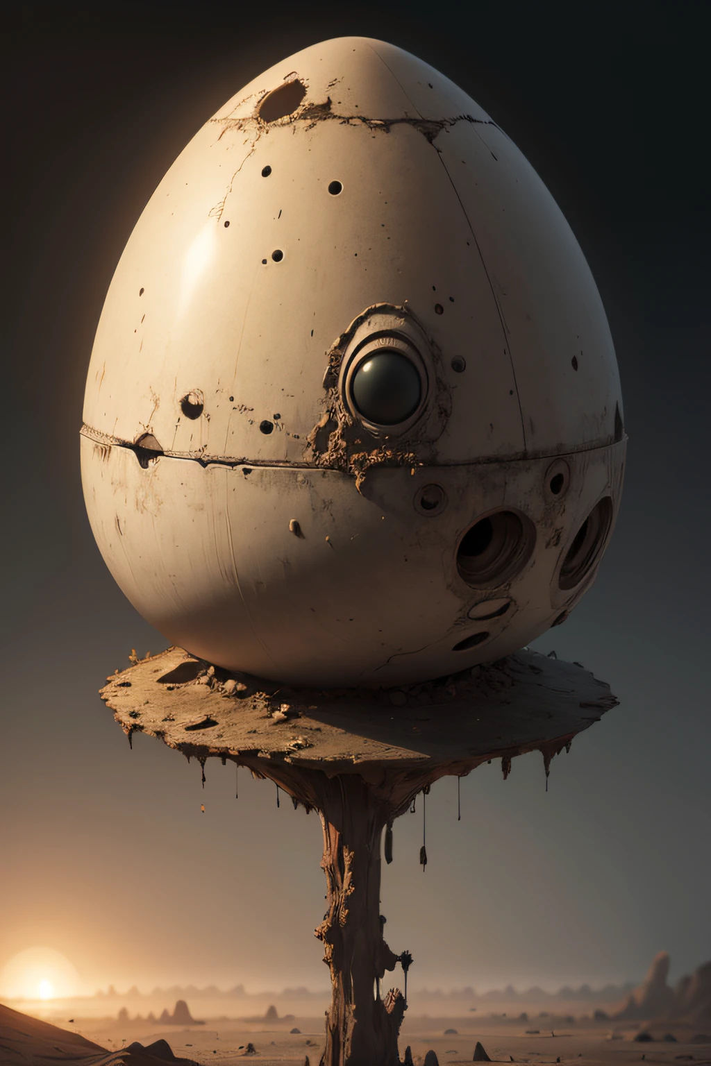 A realistic alien egg in an aliptic and murky post-apoc atmosphere which hatches and strangely it is a wide-eyed and magnificent rabbit which is in this egg
