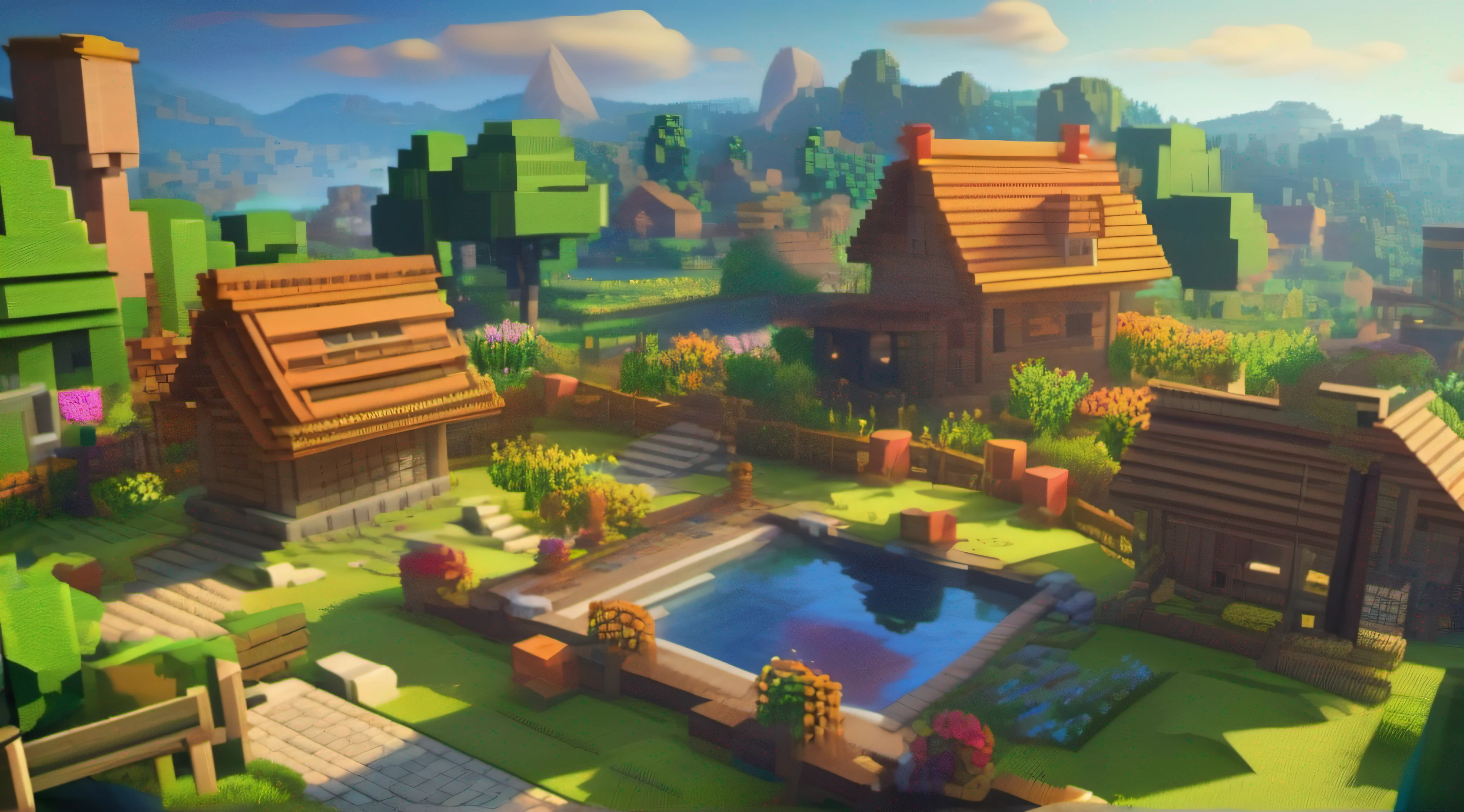 A minecraft village with an anime-style background, featuring (best quality, 4k, high-res, photorealistic:1.2), ultra-detailed, vivid colors, and sharp focus. The village is bustling with life, with cute and stylized characters going about their daily activities. The houses are made of pixelated blocks, showcasing the distinct Minecraft aesthetic. There are lush green fields surrounding the village, filled with vibrant flowers and tall grass. The sky above is painted in soft pastel colors, with fluffy clouds drifting peacefully. The sunlight bathes the scene with warm, golden hues, casting long shadows on the ground. The characters in the village are dressed in colorful and fashionable outfits, each reflecting their unique personalities. They interact with one another, engaging in activities like farming, crafting, and exploring the vast landscapes. The overall atmosphere exudes a sense of warmth, happiness, and adventure, just like in an anime.