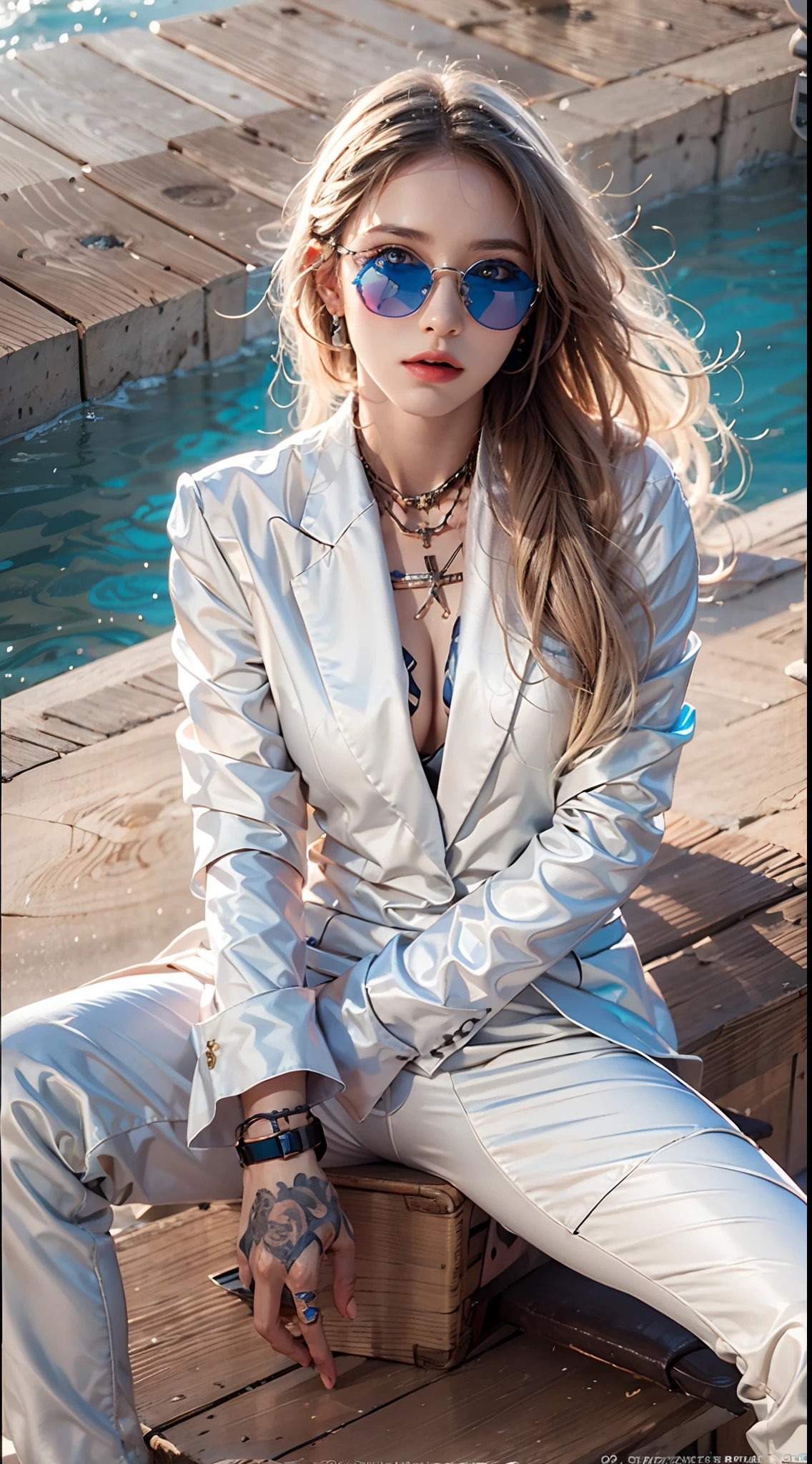 photorealistic, masterpiece, photorealistic, high resolution, soft light, hips up, blue eyes, long hair, jewelry, tattoo, white suit, sunglasses, cool style