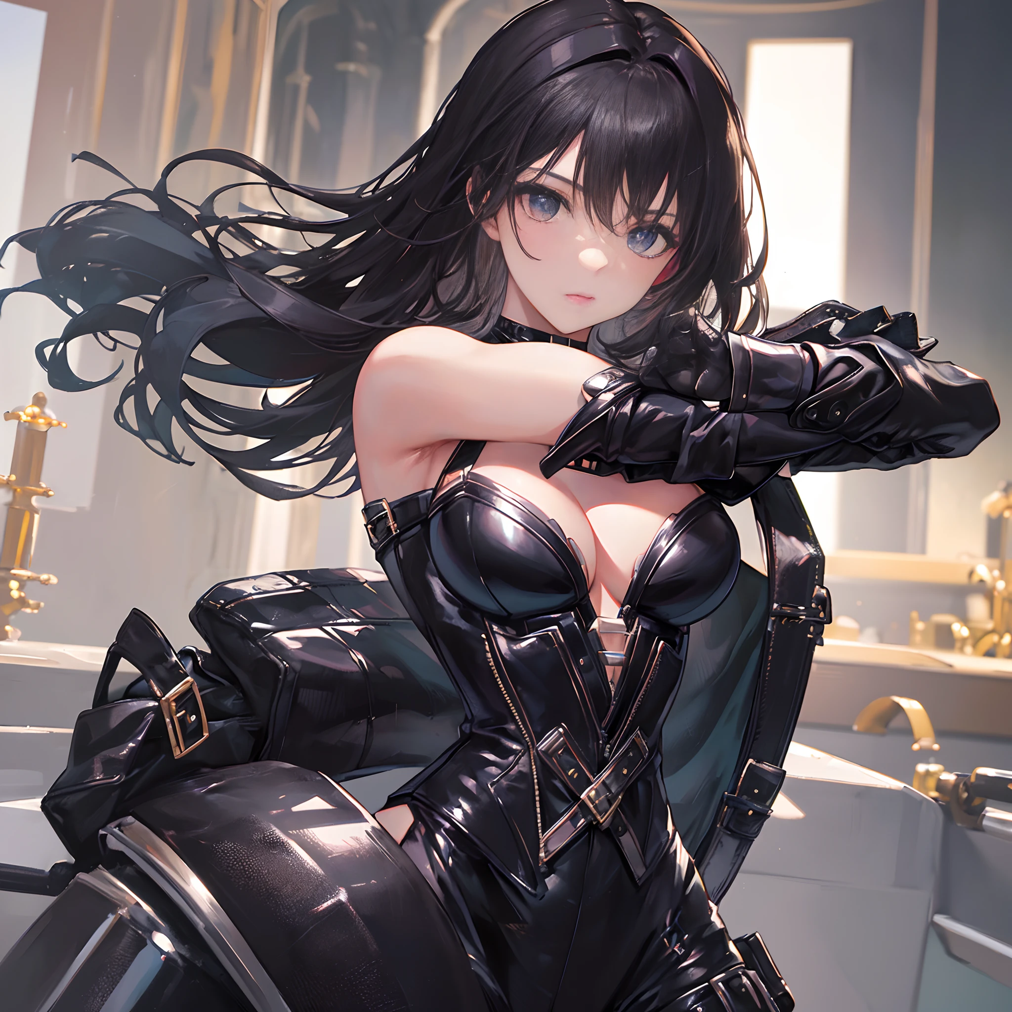 ((Masterpiece, Highest quality)), Detailed face, perfectly proportions， full bodyesbian, Full of details，A beautiful girl，Black leather gloves，Black leather rider jacket，Black leather leggings，Black leather boots，Black leather neckline bodice，High Balance, Natural light