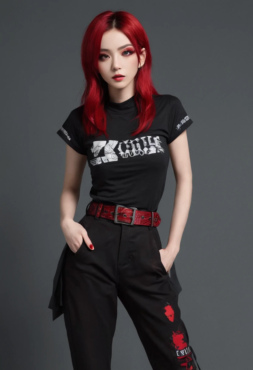 (Best Quality,4K,hight resolution), An 18-year-old woman，drum，drummer, Drumming，Drumming，Red mesh hair on black hair, length hair，straight haired，Cool Woman，sharp eye,Cold eyes,Delicately drawn illustrations，realistic representation，Music Studio Background，gothic atmosphere，Visual kei，Oversized Rock T-Shirt，Dowel dowel feeling，a red choker，Tight pants，razor，cross belt