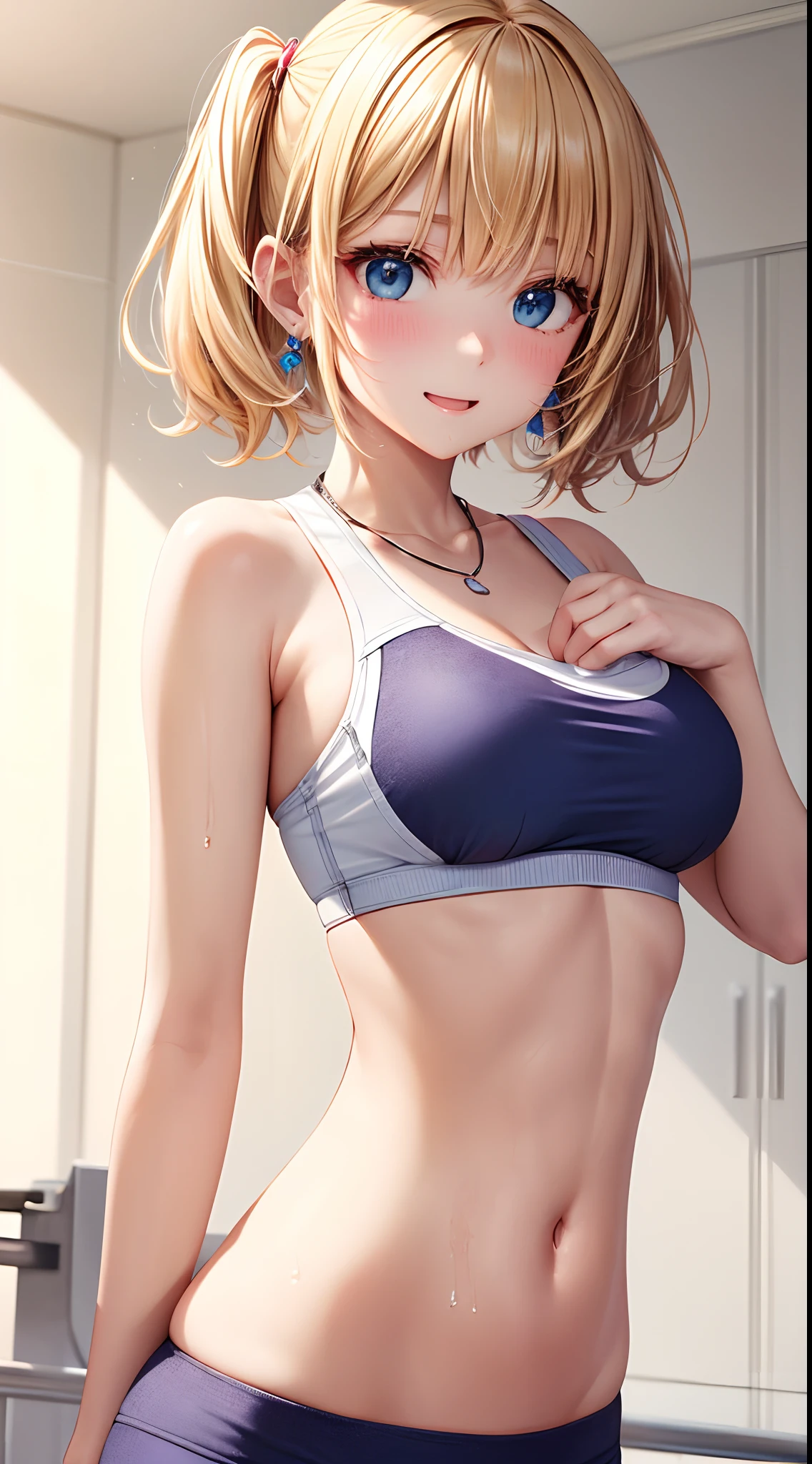 absurderes, ultra-detailliert,bright colour, extremely beautiful detailed anime face and eyes, (独奏:1.6), ;D,(Sports Bra Lift:1.3),(Under the breasts:1.3) (Park at dusk:1.3)、(Surprise and embarrassment:1.3)、 shiny_skin,25 years old, Short hair, , asymmetrical bangs, (Blonde hair with short twin tails), Shiny hair, Delicate beautiful face, red blush,(deep blue eyes:1.3 ) White skin, hair clips, earrings, 1 necklace,Wet、