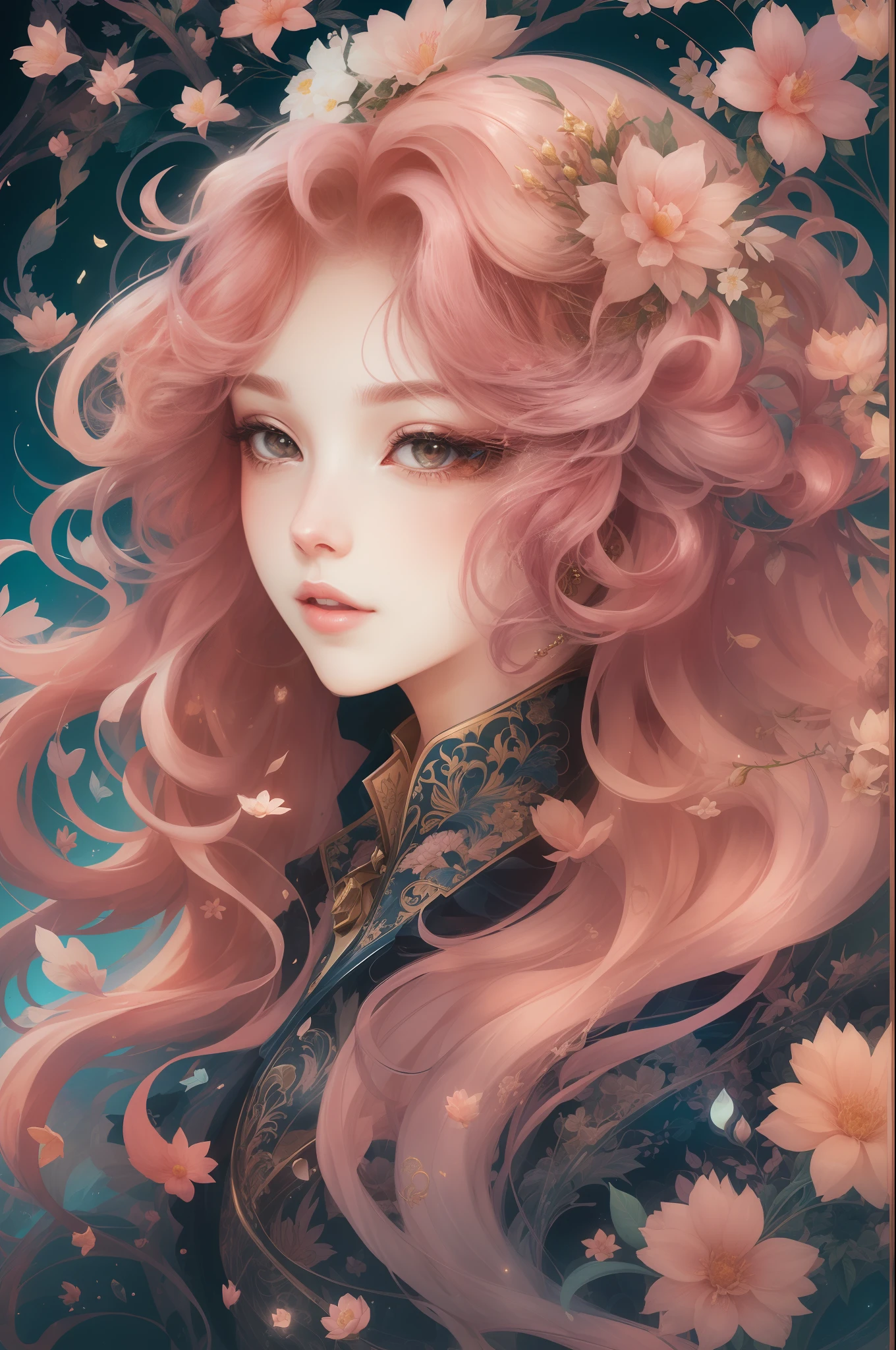((Gorgeous 18-year-old princess)),(She has long flowing pink hair),(Bright and beautiful eyes),trendding on artstation,Flowers of hope,ultra-detailliert,insanely details, Amazing, complex, elite, Art Nouveau, a gorgeous, Dreamy,Liquid wax, Luxurious, Ink style, a sticker, Vector art beautiful character design, Dual exposure shooting, Luminous design, winning artwork, tmasterpiece, AMOLED black background,optic