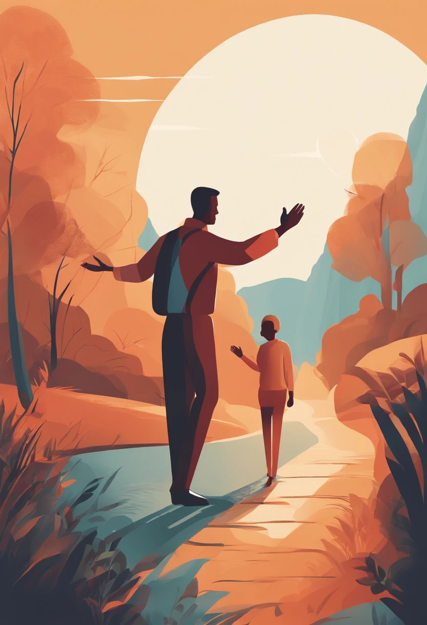 Show a man extending a helping hand to someone in need, illustrating the positive impact of leadership through empathy and compassion. . 2d flat illustration minimal