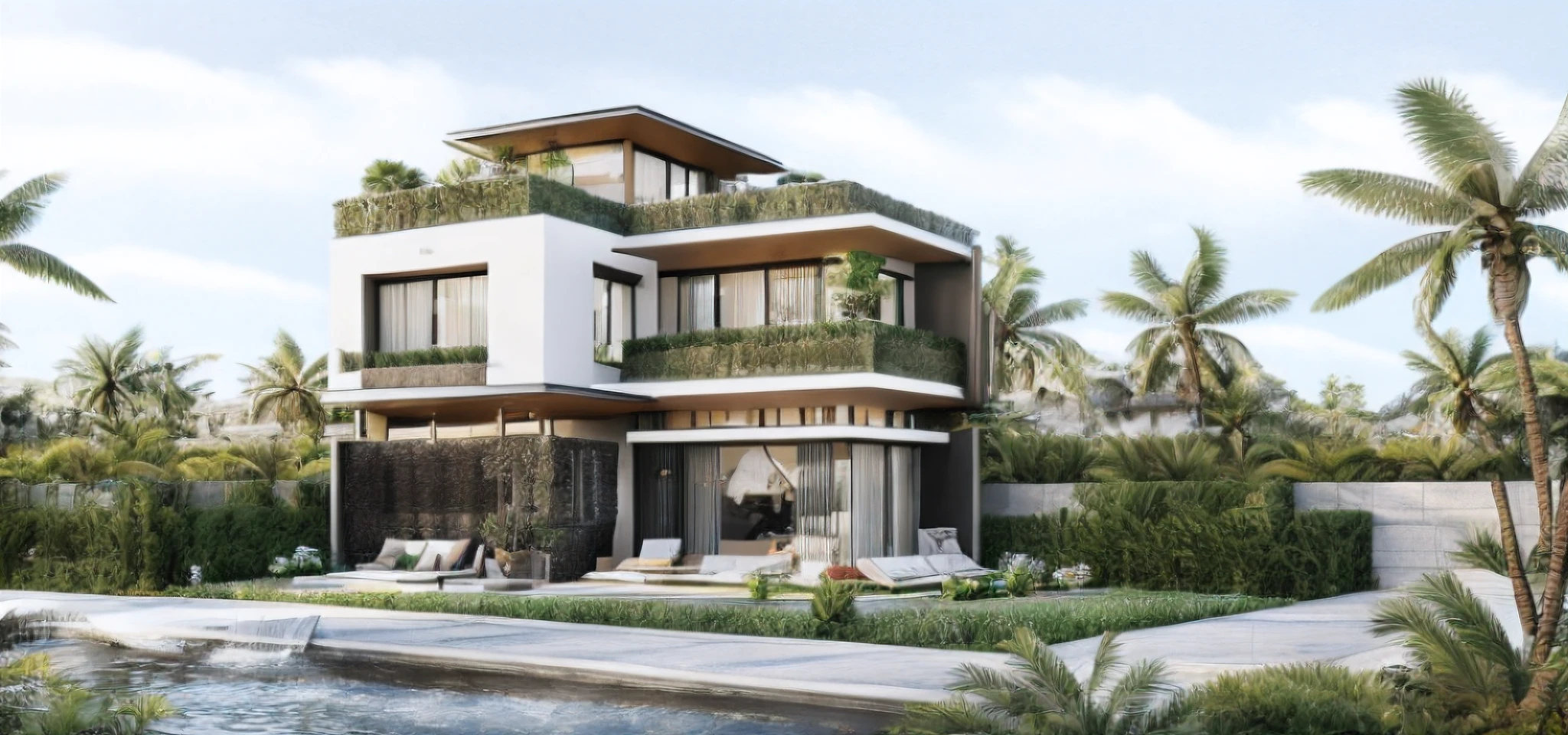 RAW photo,Masterpiece, high quality, best quality, authentic, super detail,
exterior, outdoors, house style modern with brown stucco wall, balcony, railing glass, refection glass windows, indoor furniture,
,grass,tropical garden, trees, beautiful summer sky, beautiful landscape with grass and flower bushes, plants, trees
(Modern minimalist lines:1.1)
(day:1.2), vray, 8k, uhd, vivid colour