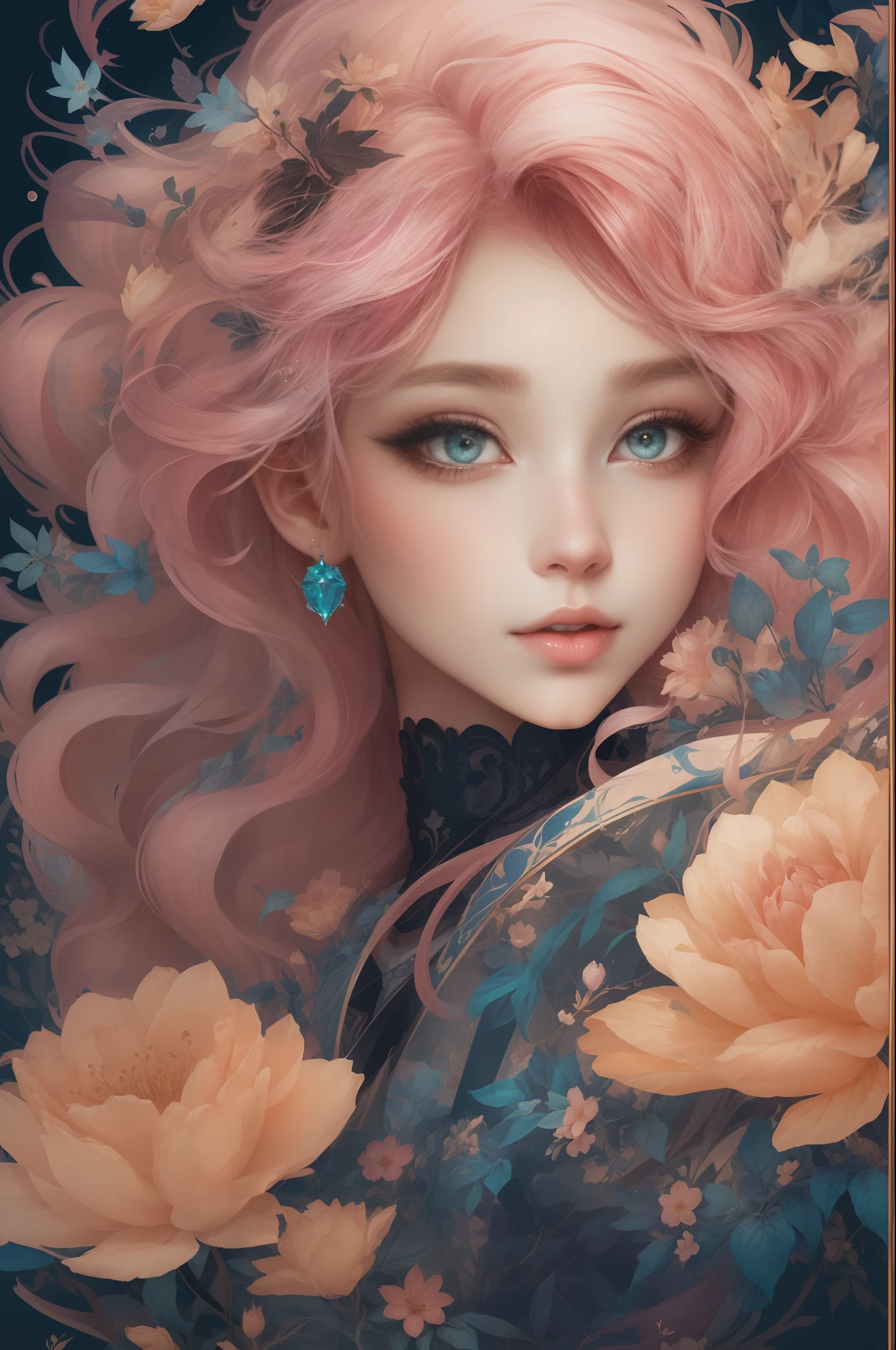 （（Gorgeous 18-year-old princess）），（She has long flowing pink hair），（Bright and beautiful eyes），trendding on artstation，Flowers of hope，ultra-detailliert，insanely details, Amazing, complex, elite, Art Nouveau, a gorgeous, Dreamy，Liquid wax, Luxurious, Ink style, a sticker, Vector art beautiful character design, Dual exposure shooting, Luminous design, winning artwork, tmasterpiece, AMOLED black background,optic