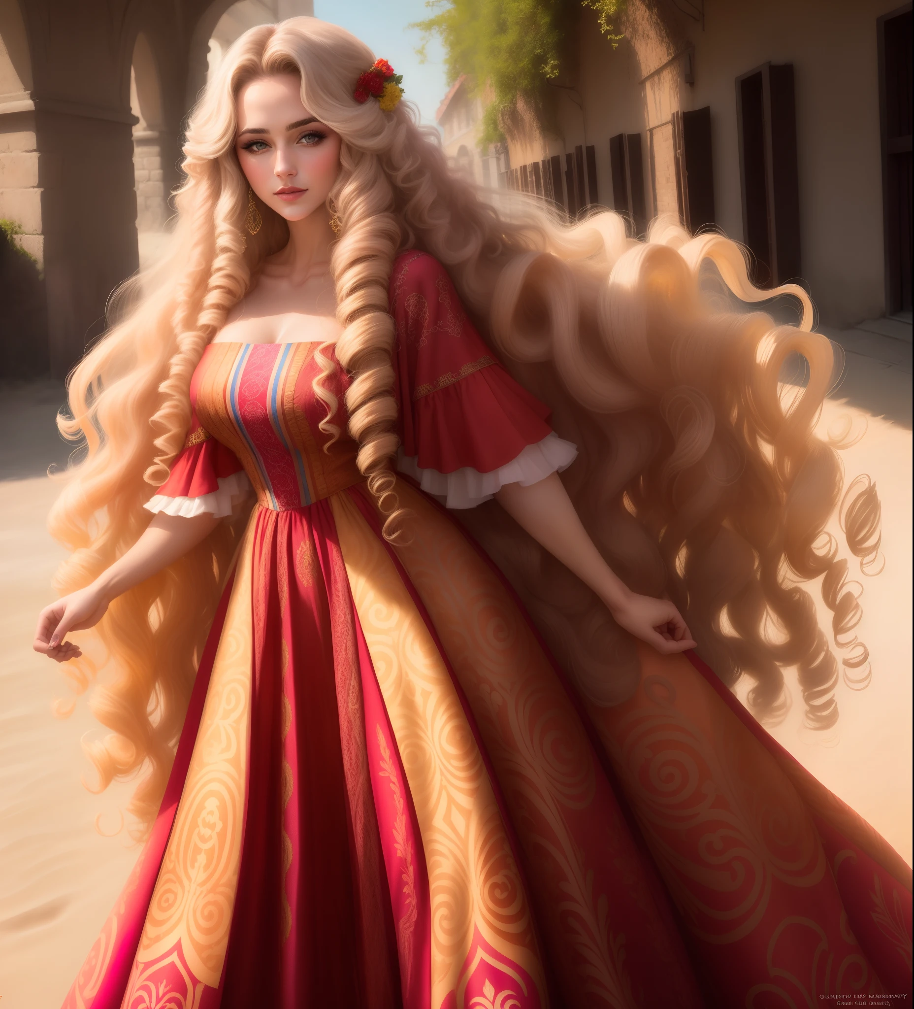 a close up of a woman with long curly hair and a colorful dress, promo image, pretty face!!, photoshoot, peredvishniki, stunningly beautiful, by Max Dauthendey, actress, with long curly hair, promo still, gorgeous beautiful, pr shoot, promotional picture, leaked image, cover shot, long curly hair intricate, official