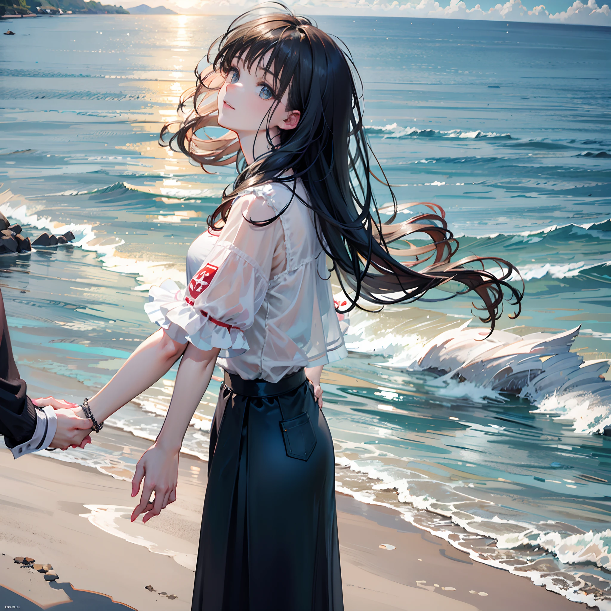 On the beach is a woman and a man holding hands, The girl wears a loose white shirt,She wears a long black skirt underneath,Long black hair,ssmile,blissful,warm sunlight,posing on a beach with the ocean, dressed with long fluent clothes, standing at the beach, zmonzheng, taken in 2 0 2 0, standing on the sea side, Tumblr, beach aesthetic