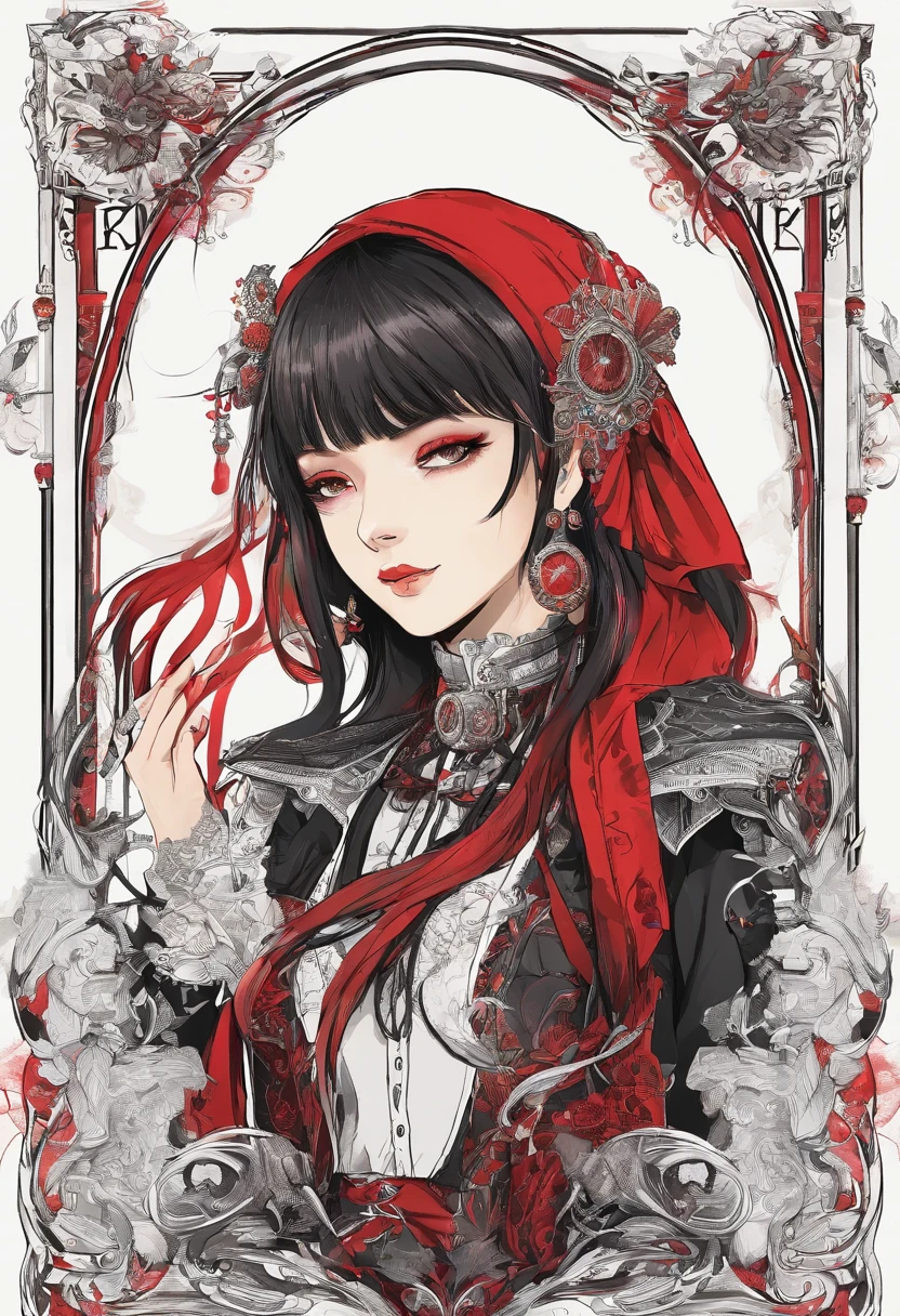 (Best Quality,4K,hight resolution), An 18-year-old woman，drum，drummer, Drumming，Playing the drums，Red mesh hair on black hair, length hair，straight haired，Cool Woman，sharp eye,cold eyes,Delicately drawn illustrations，realistic representation，Music Studio Background，gothic atmosphere，Visual kei，Oversized Rock T-Shirt，Dowel dowel feeling，a red choker，Tight pants，razor，cross belt