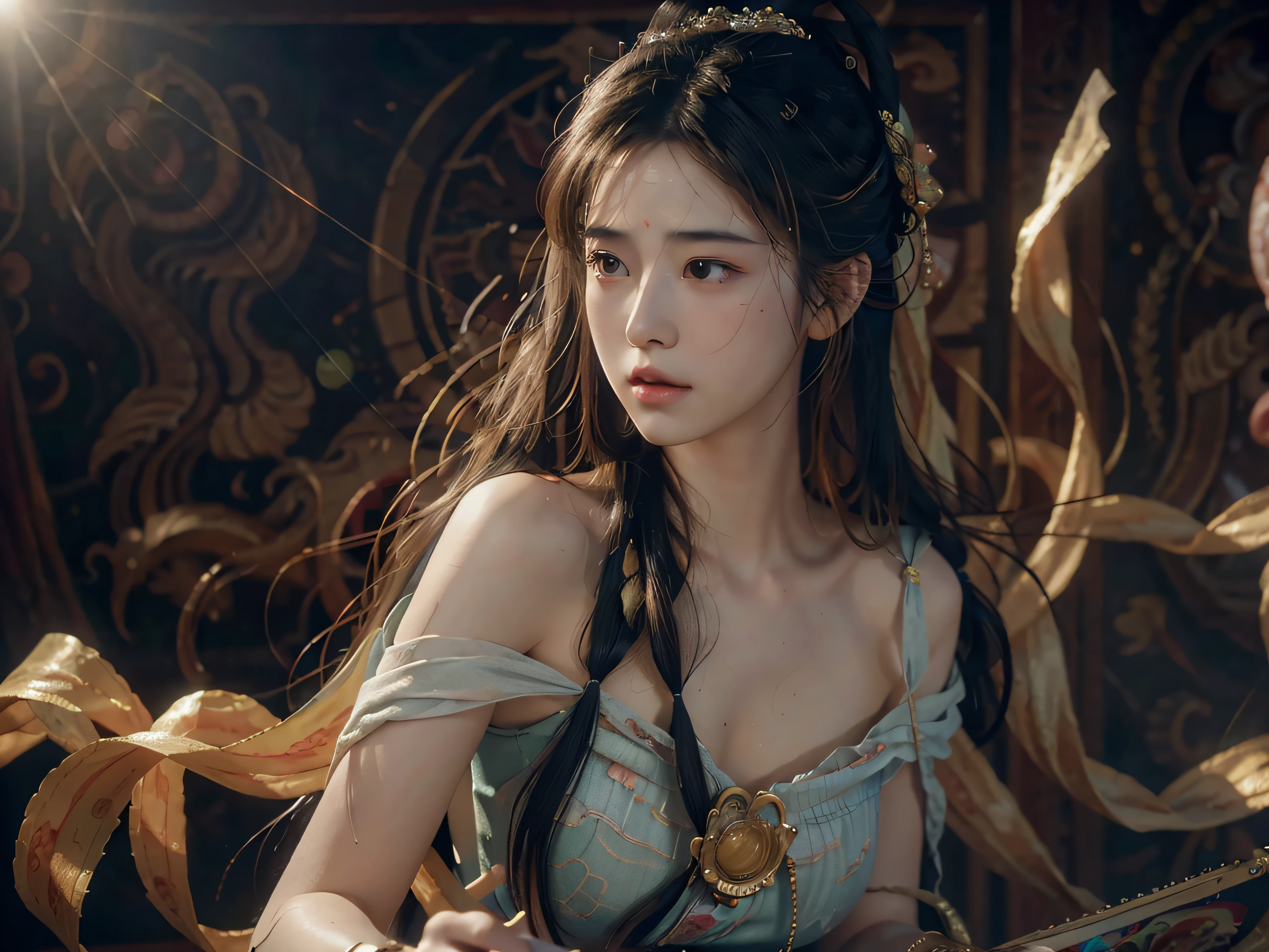 (RAW photo, best quality), (realistic, photo-realistic:1.3),best quality,highly detailed,masterpiece,ultra-detailed,illustration,1girl,upper_body,dynamic angle,world masterpiece theater,messy_long_hair,best quality,extremely detailed CG unity 8k wallpaper,ink,Amazing,cinematic lighting,lens_flare, dunhuang_style