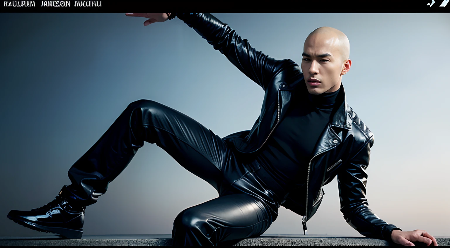 1990 screengrab of male model Krillin wearing a minimalist all-black Balenciaga suit with a sleek leather biker jacket, fashion movie scene, Balenciaga commercial –ar 3:2 –v 5