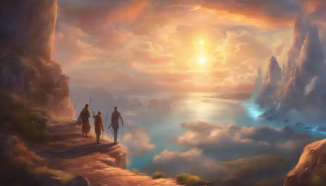 Rock climbers climbing a cliff, with a rope, wearing leather armor, big clouds, blue sky, cliffs on a distance, ocean on the background, no beachside, boat in a distance , HD detail, hyper-detail, cinematic, surrealism, soft light, deep field focus bokeh, ray tracing and surrealism. --v6