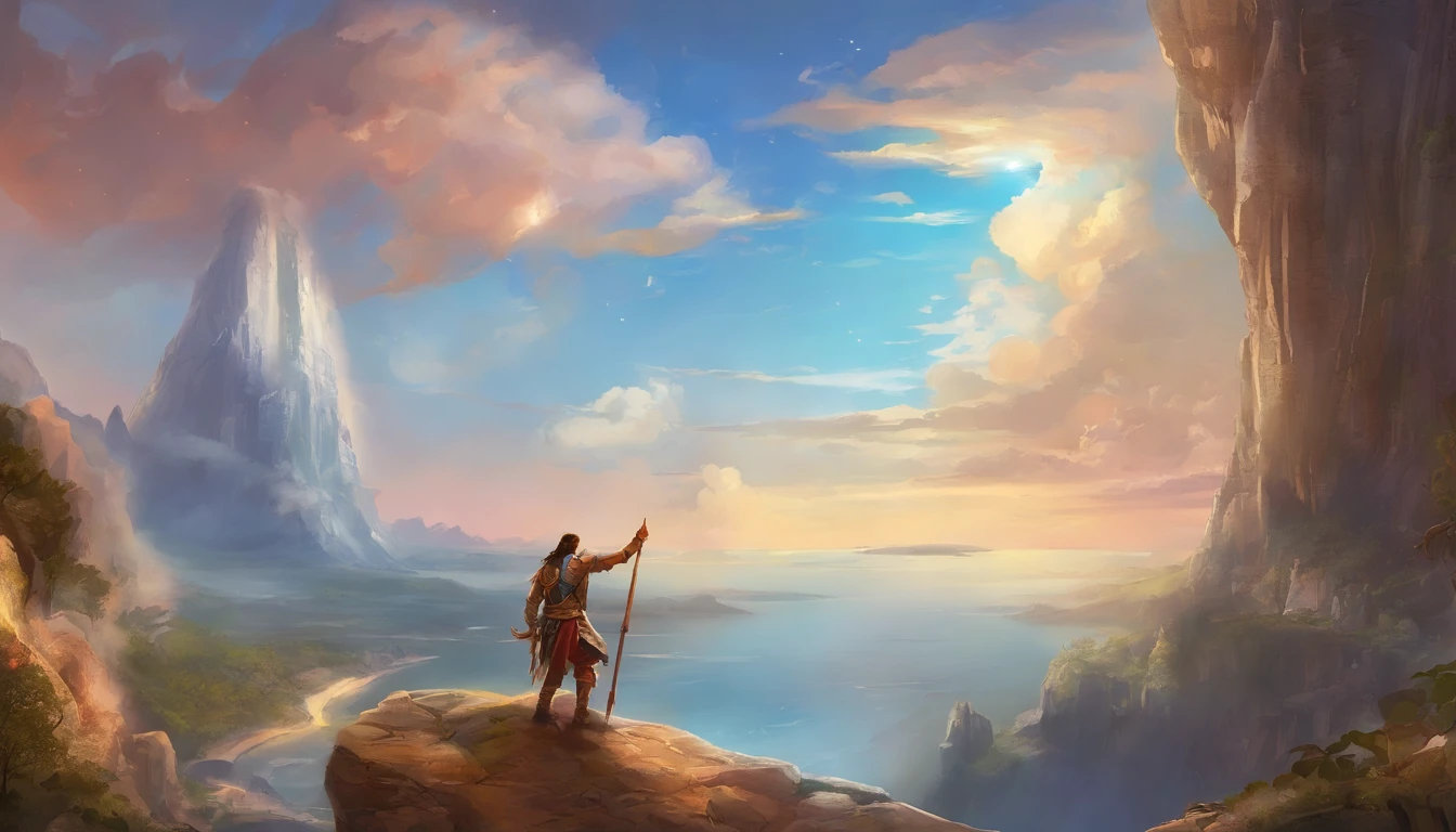 Rock climbers climbing a cliff, with a rope, wearing leather armor, big clouds, blue sky, cliffs on a distance, ocean on the background, no beachside, boat in a distance , HD detail, hyper-detail, cinematic, surrealism, soft light, deep field focus bokeh, ray tracing and surrealism. --v6