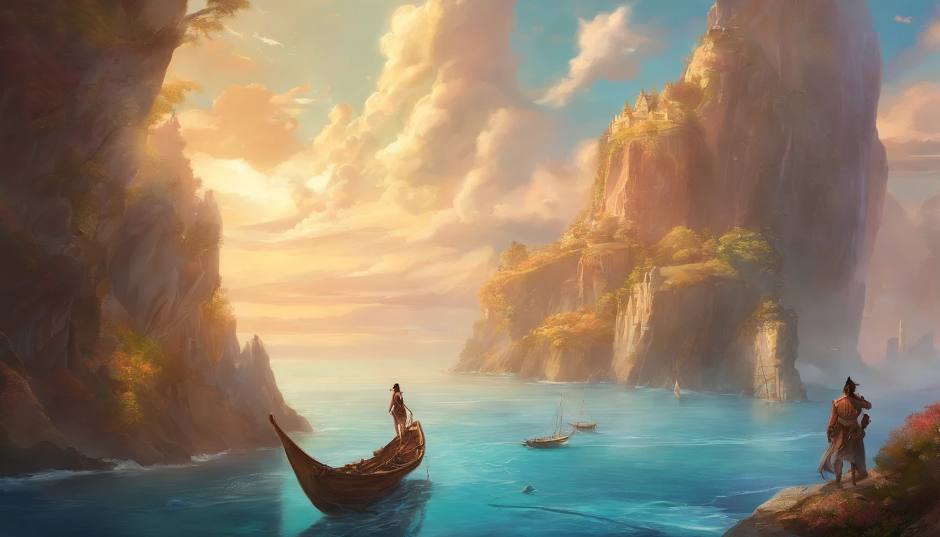 Rock climbers climbing a cliff, with a rope, wearing leather armor, big clouds, blue sky, cliffs on a distance, ocean on the background, no beachside, boat in a distance , HD detail, hyper-detail, cinematic, surrealism, soft light, deep field focus bokeh, ray tracing and surrealism. --v6