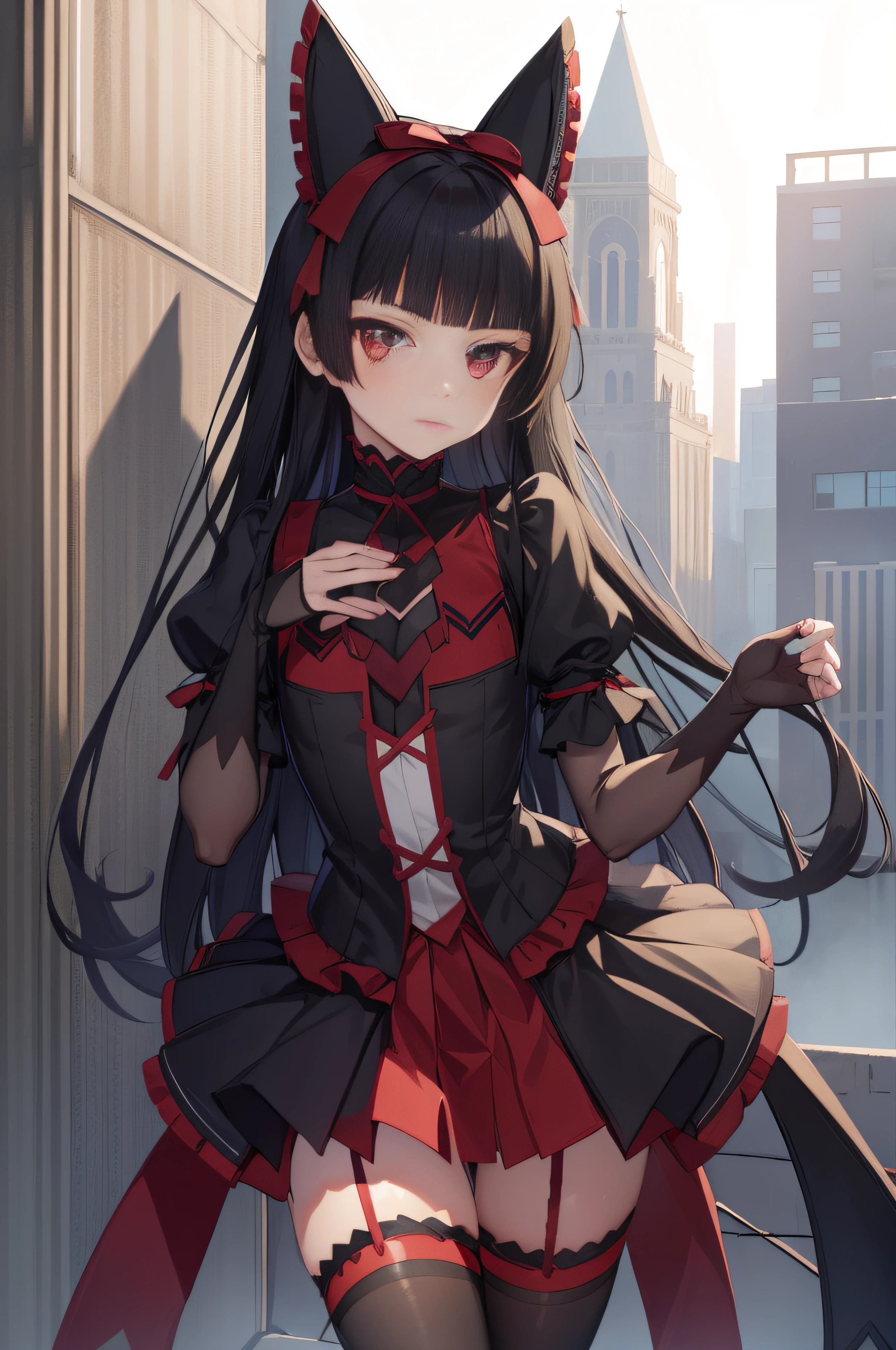 rorymercury, rory mercury, black hair, blunt bangs, hime cut, hair ornament, lipstick, long hair, makeup, (small chest:1.2), (red eyes:1.5), BREAK black gloves, black thighhighs, garter straps, gloves, gothic, hair bow, gothic fashion, puffy short sleeves, puffy sleeves, short sleeves, thighhighs, BREAK outdoors, city, BREAK looking at viewer, BREAK (masterpiece:1.2), best quality, high resolution, unity 8k wallpaper, (illustration:0.8), (beautiful detailed eyes:1.6), extremely detailed face, perfect lighting, extremely detailed CG, (perfect hands, perfect anatomy),