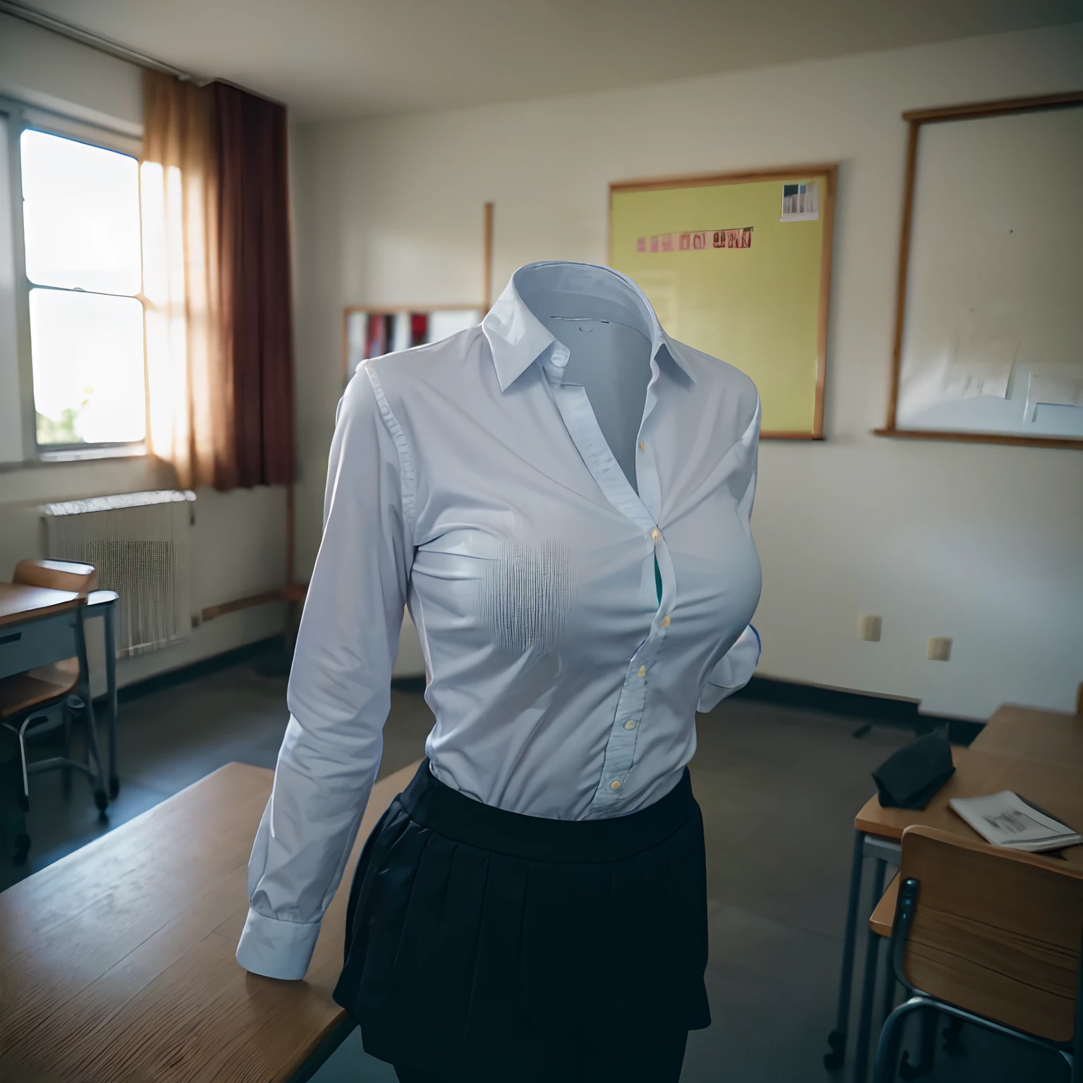 school uniform and leggings, ((invisible, no humans:1.5, headless:1.5, handless, legless)), big breast, (close-up to breast), in classroom,
(8k, RAW photo, best quality, masterpiece:1.2), (realistic, photo-realistic:1.37),photon mapping, radiosity, ((Hasselblad photography)),physically-based rendering,