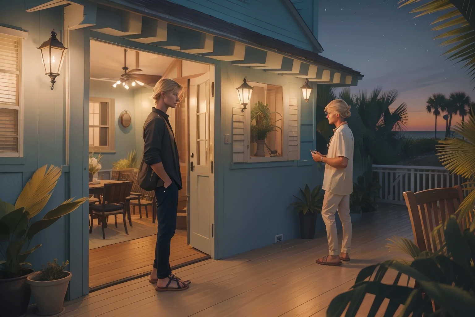 Year: 2023. Location: Edisto, South Carolina. back view of a pre-raphaelite blonde ((woman)), approaching a man who is waiting in the porch of a beach house, ((night)) ((very dark)), ((2020s casual clothes)) ((2020s hairstyle)) ((in the style of "OMITB")) ((cinematic style))