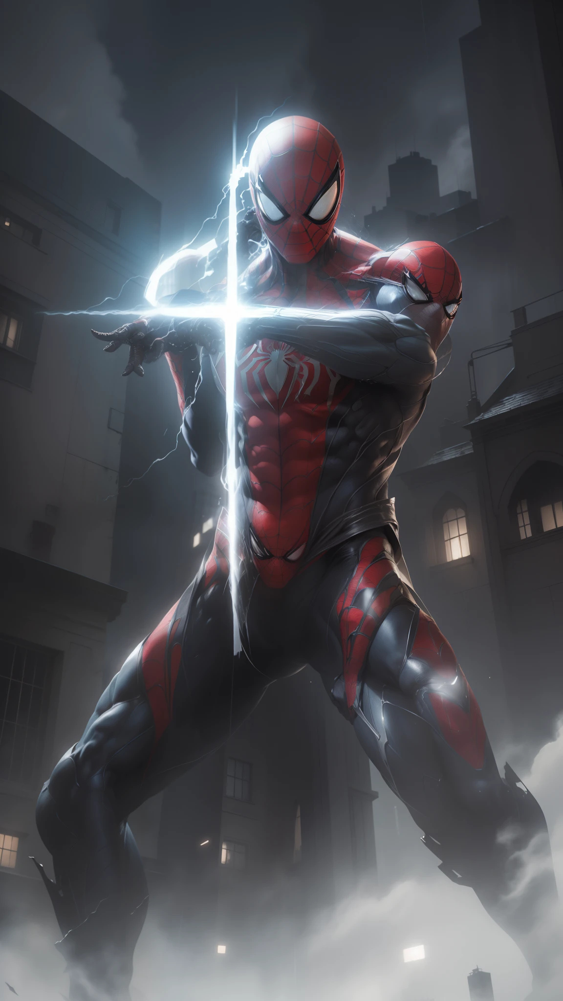 Spiderman in black suit, masculine figure, top of a building, dark ambient, cinematic, aggressive look, glowing eyes, wallpaper, hd wallpapers, detailed, hyper realistic, rainy afternoon, old building, looking at the viewer, mechanical suit