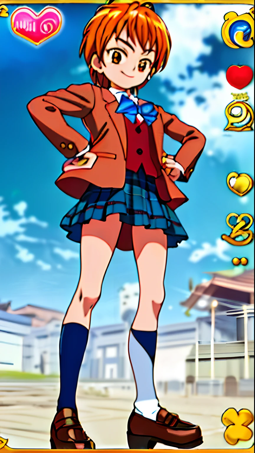 (masterpiece), best quality, highest quality, ((high detail:1.2)), (HDR), (cinematic light:1.1), highres, (fingers 5 fingers), (ultimate cute girl), 1girl, solo, (full body), blue sky, park, (misumi nagisa), (nagisaschool1), school uniform, pleated skirt, brown jacket, (kneehighs:1.2), loafers, smile, (Hands in pockets) ,