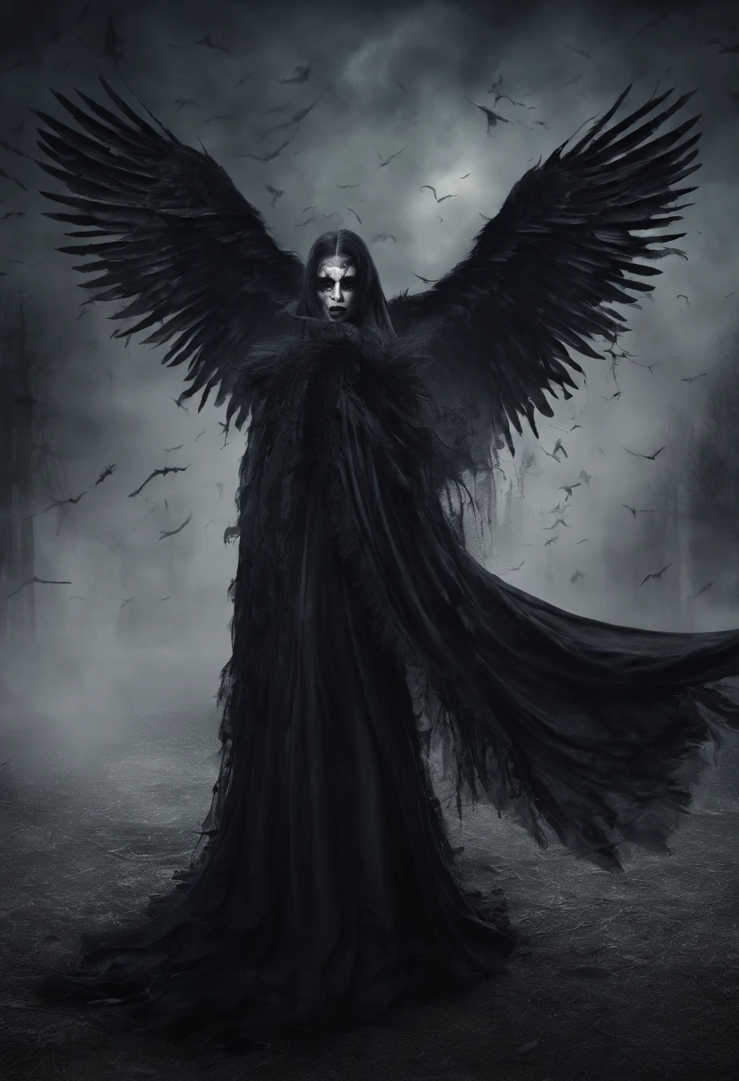 araffe flying with wings spread wide and a woman in a dress, a portrait inspired by Shani Rhys James, trending on cg society, gothic art, raven winged female vampire, dark feathered wings, with real wings, feathery wings, raven angel wings, feathered wings, raven wings, villainess has black angel wings, huge feathery wings