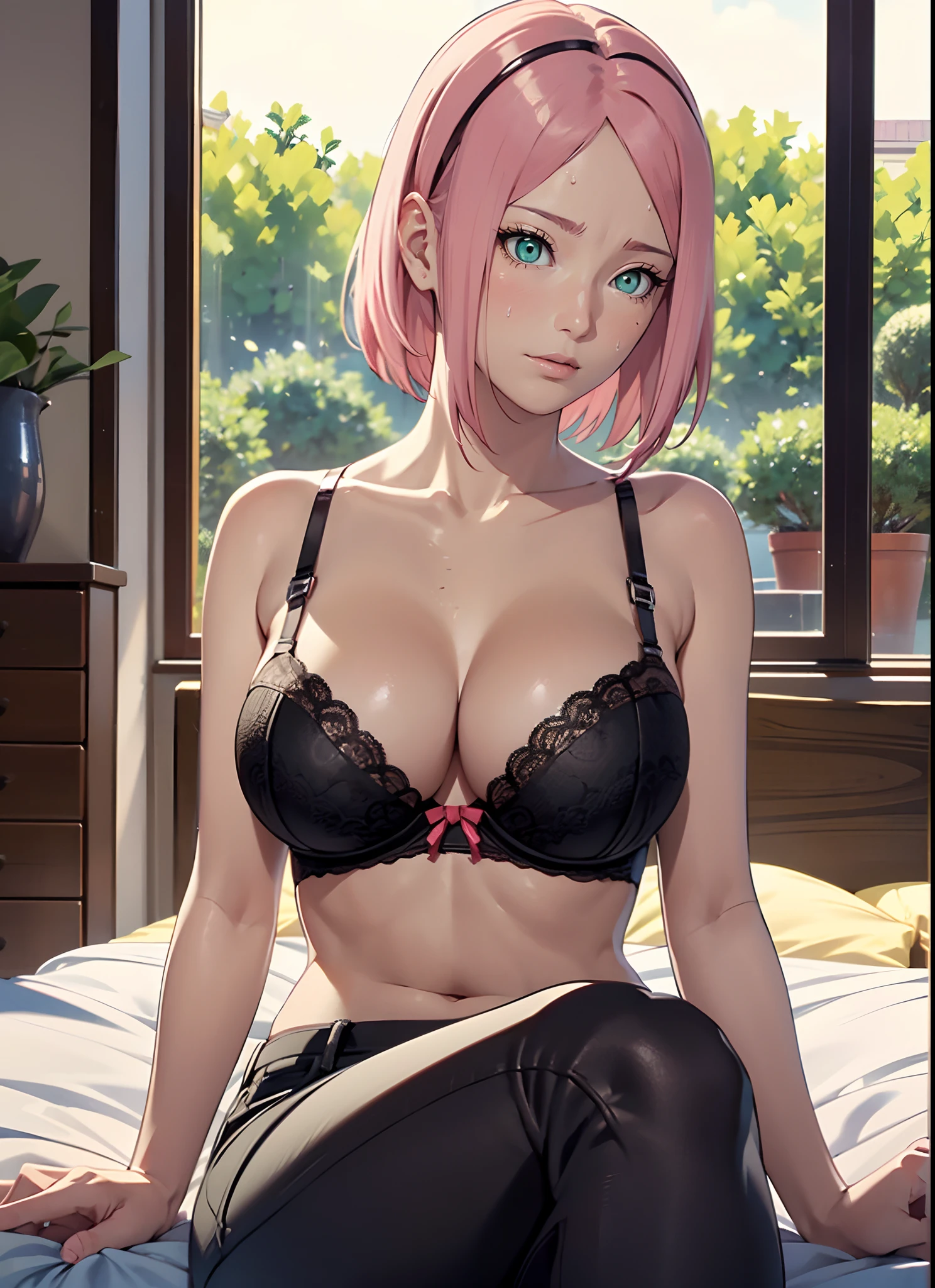 女の子1人,sexy body,perfect body,sehr enge kleidung,zeigt viel haut,sexy kleidung,,Breasts peep out,stehend im garten,sakura haruno,rotes Harrband, evening time, (( black bra)),hot black jeans,hot, big breasts, front view, sitting, bedroom, sit on bed((unbuttoning bra)) opening her bra, ((hands on bra)) cum on breasts, sweat on boobs