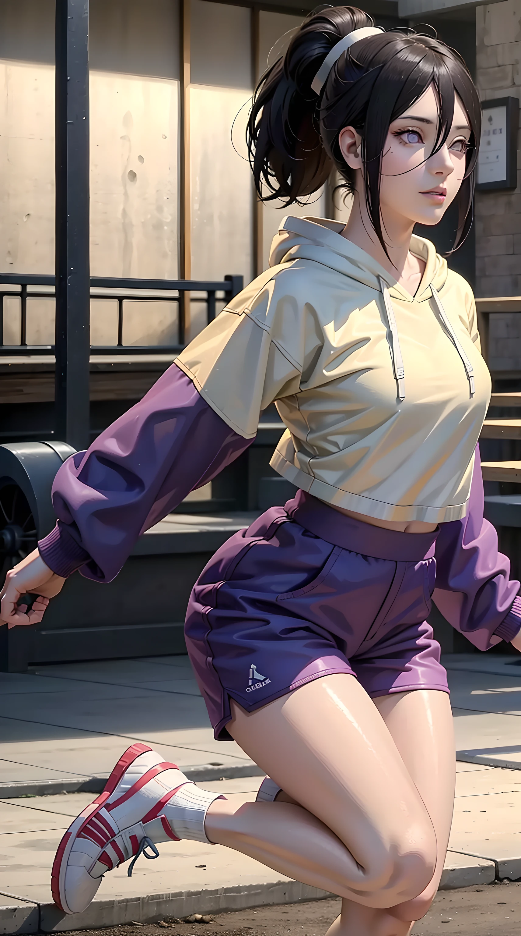 hyuuga hanabi, ponytail, hana, purple eyes, beautiful woman, beautiful, perfect body, perfect breasts, wearing a white Adidas hoodie, black jogger pants, wearing white Nike Jordan shoes, at the gym, barbell, looking at the audience, a small smile, realism, masterpiece, textured leather, super detailed, high detail, high quality, best quality, 1080p, 16k