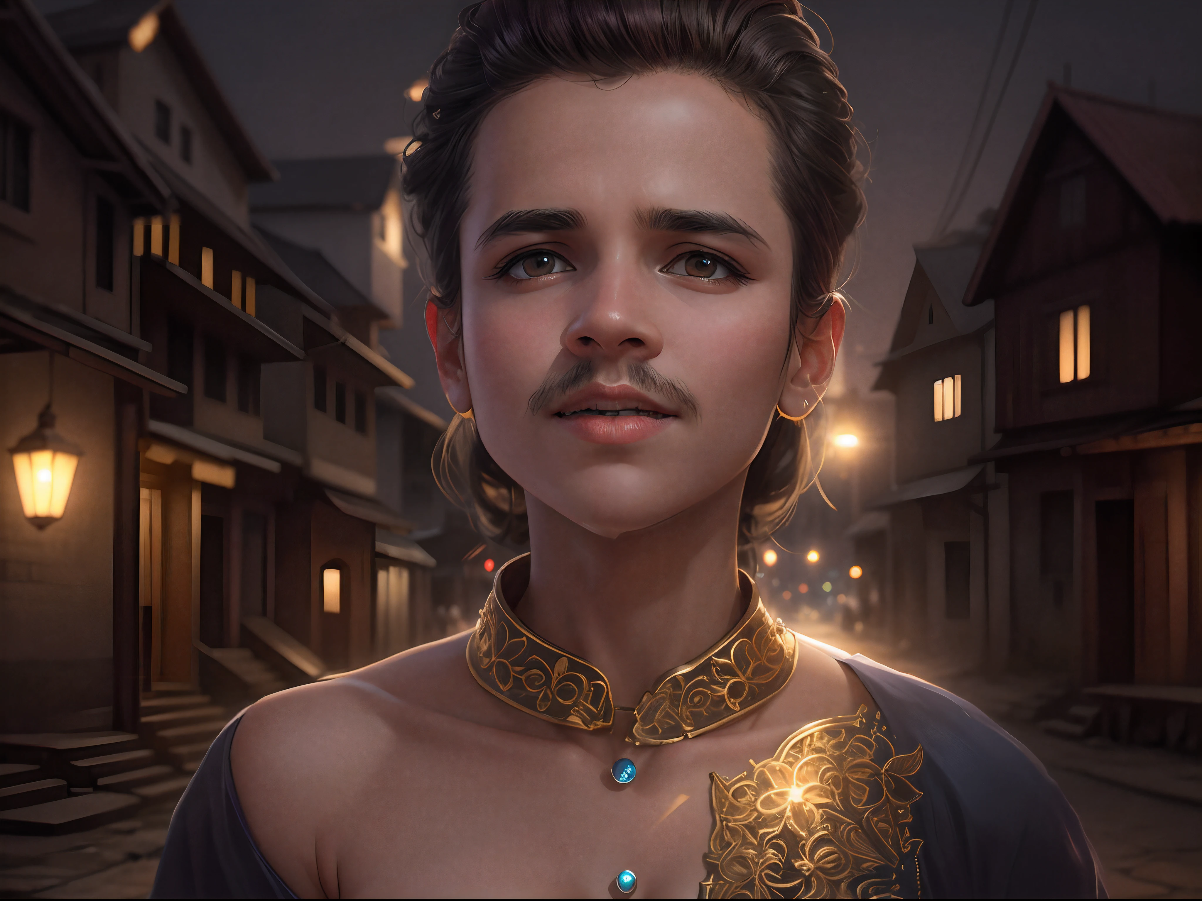 Change background into a town in night with light, real face, dress change into a mechanical punjabi