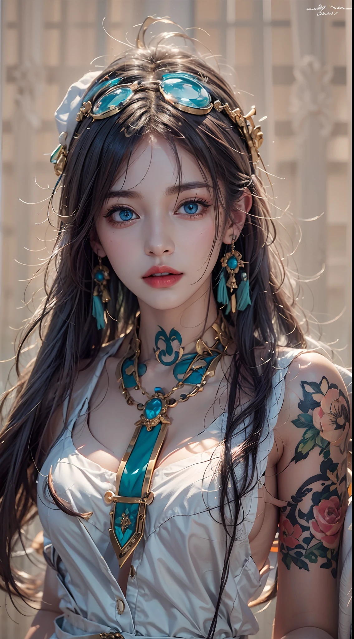 photorealistic, masterpiece, photorealistic, high resolution, soft light, hips up, blue eyes, long hair, jewelry, tattoo, black suit, hat, cool style