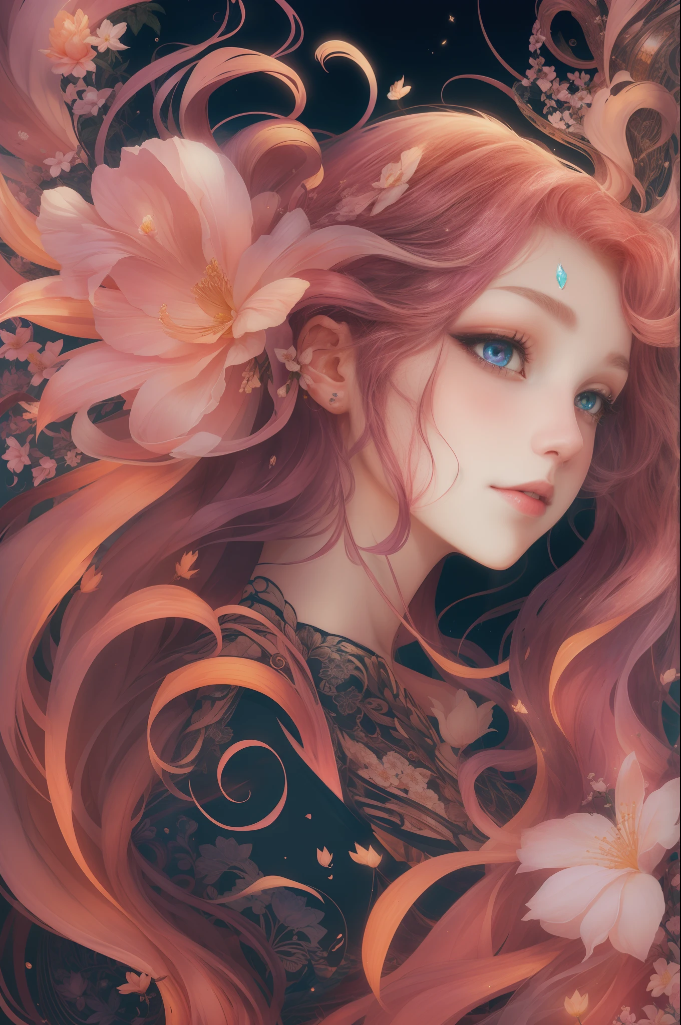 （（Gorgeous 18-year-old princess）），（She has long flowing pink hair），（Bright and beautiful eyes），trendding on artstation，Flowers of hope，ultra-detailliert，insanely details, Amazing, complex, elite, Art Nouveau, a gorgeous, Dreamy，Liquid wax, Luxurious, Ink style, a sticker, Vector art beautiful character design, Dual exposure shooting, Luminous design, winning artwork, tmasterpiece, AMOLED black background,optic