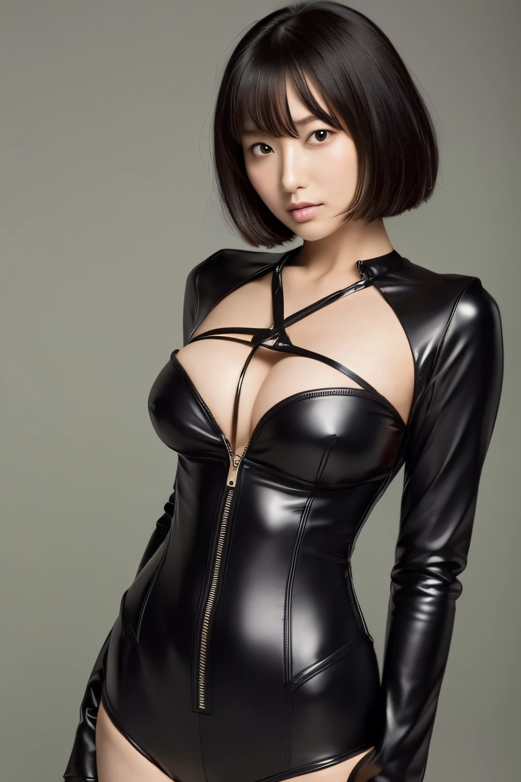 top-quality,Japan woman standing in rider suit,huge tit,beautiful countenance、Chest wide open,long legged,so short hair,