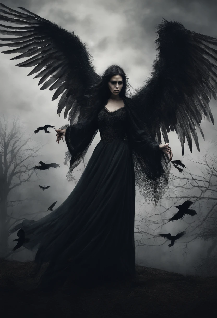 araffe flying with wings spread wide and a woman in a dress, a portrait inspired by Shani Rhys James, trending on cg society, gothic art, raven winged female vampire, dark feathered wings, with real wings, feathery wings, raven angel wings, feathered wings, raven wings, villainess has black angel wings, huge feathery wings