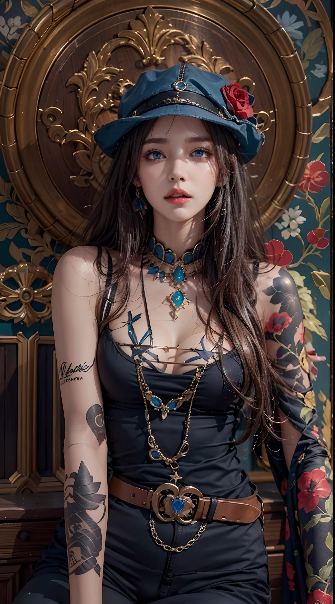 photorealistic, masterpiece, photorealistic, high resolution, soft light, hips up, blue eyes, long hair, jewelry, tattoo, black suit, hat, cool style