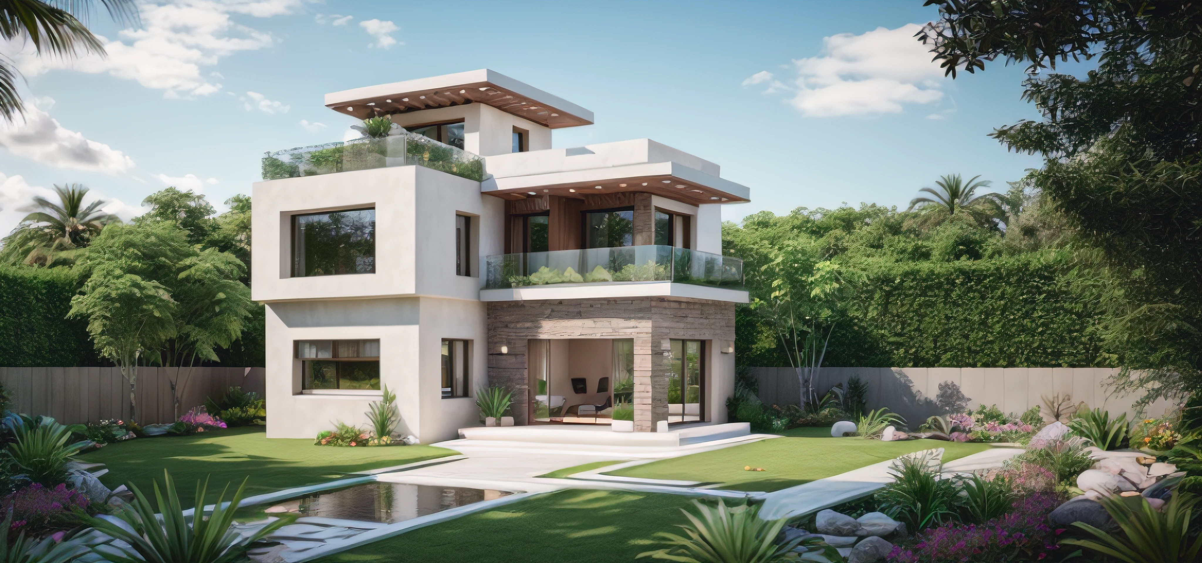 RAW photo,Masterpiece, high quality, best quality, authentic, super detail,
exterior, outdoors, house style modern with brown stucco wall, balcony, railing glass, refection glass windows, indoor furniture,
,grass,tropical garden, trees, beautiful summer sky, beautiful landscape with grass and flower bushes, plants, trees
(Modern minimalist lines:1.1) (day:1.2), vray, 8k, uhd, vivid colour